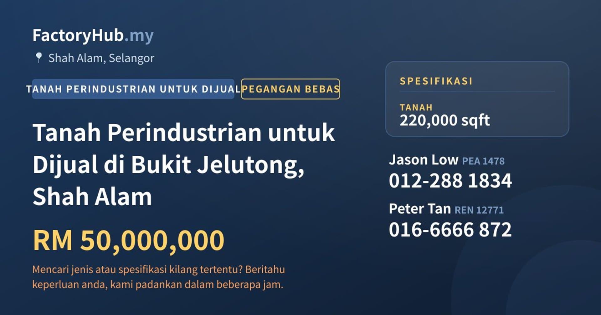 Tanah Perindustrian untuk Dijual di Bukit Jelutong, Shah Alam · Imej hartanah 1/2