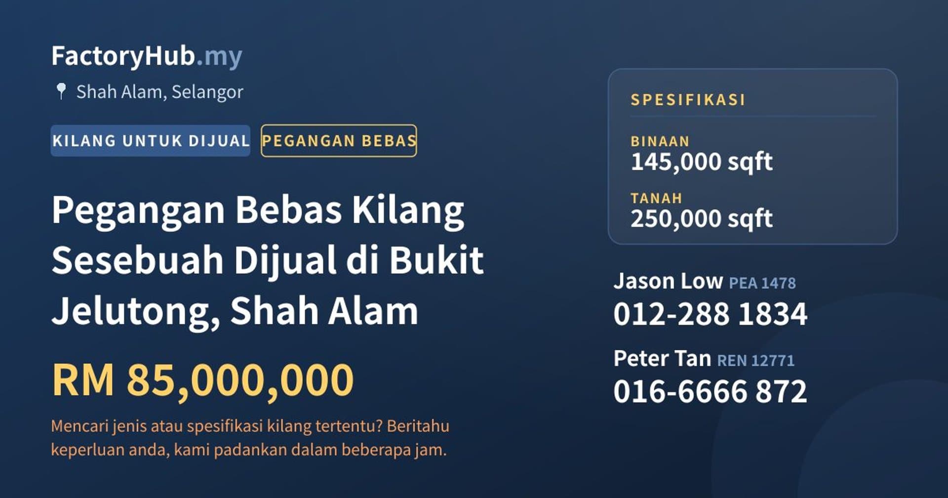 Pegangan Bebas Kilang Sesebuah Dijual di Bukit Jelutong, Shah Alam · Imej hartanah 1/2