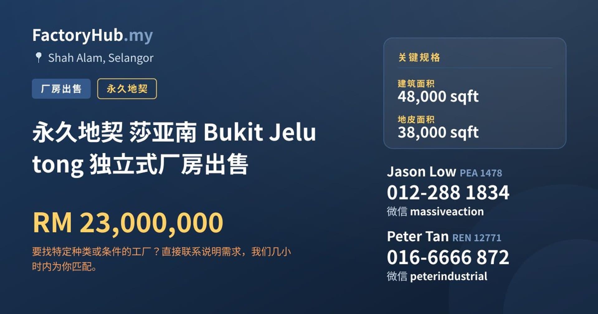 永久地契 莎亚南 Bukit Jelutong 独立式厂房出售 · 房源图片 1/2