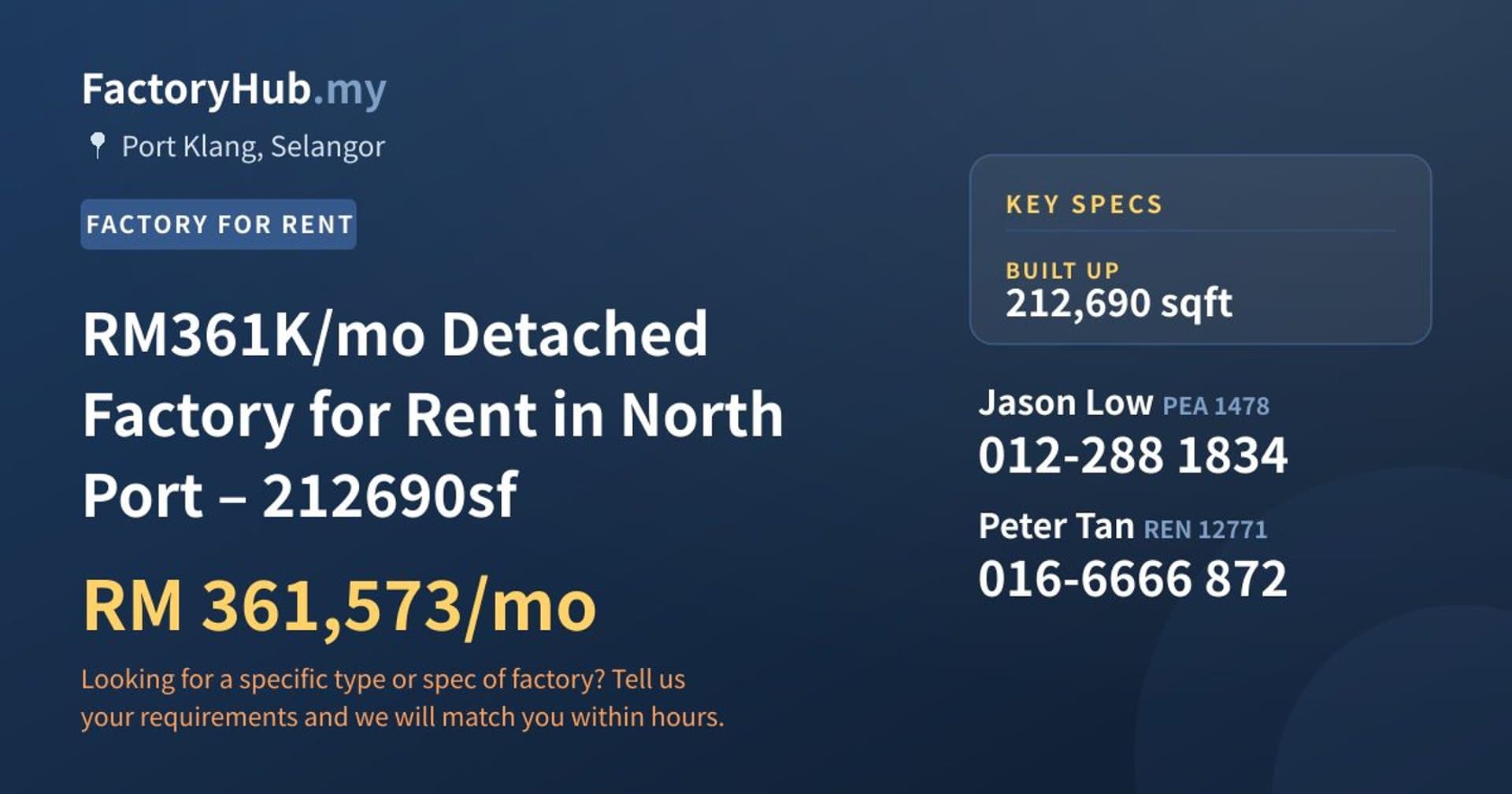 RM361K/mo Detached Factory for Rent in North Port – 212690sf - Property image 1 of 4