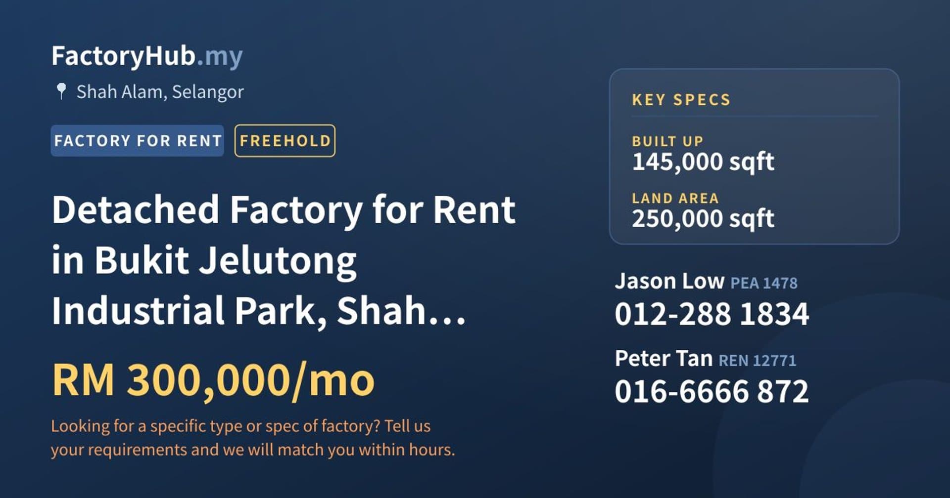 Detached Factory for Rent in Bukit Jelutong Industrial Park, Shah Alam - Property image 1 of 2