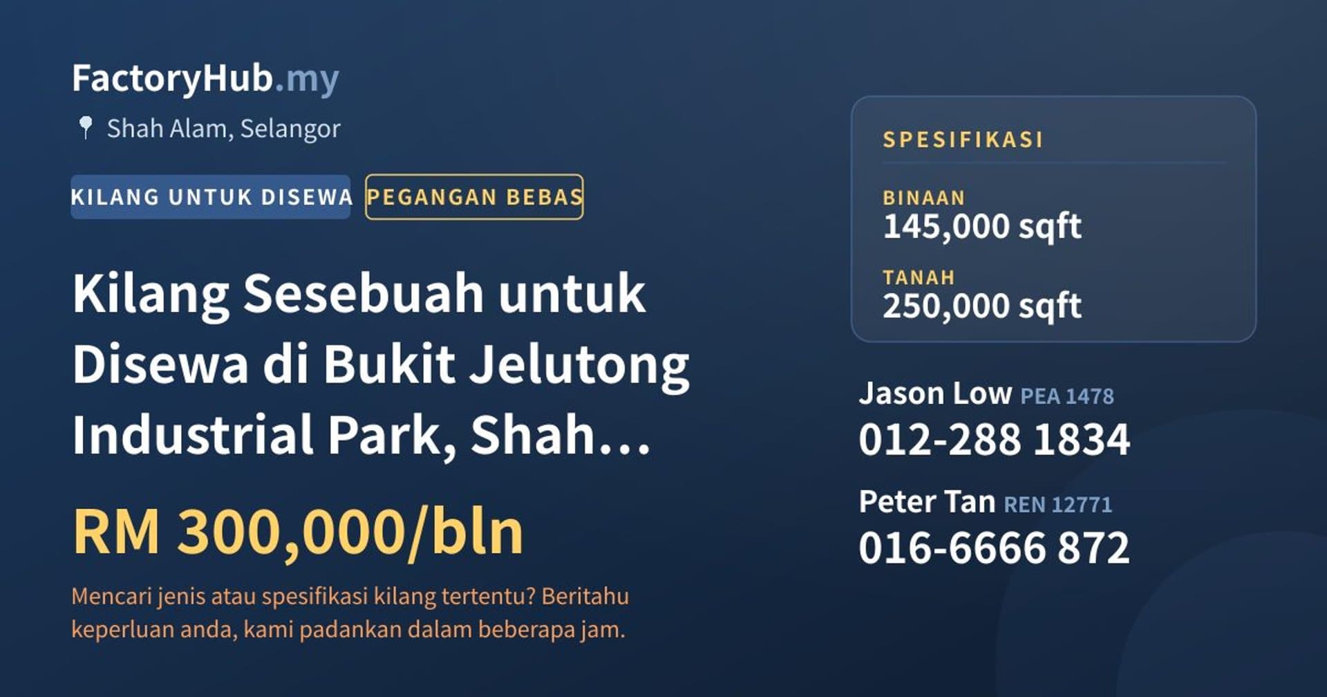 Kilang Sesebuah untuk Disewa di Bukit Jelutong Industrial Park, Shah Alam · Imej hartanah 1/2