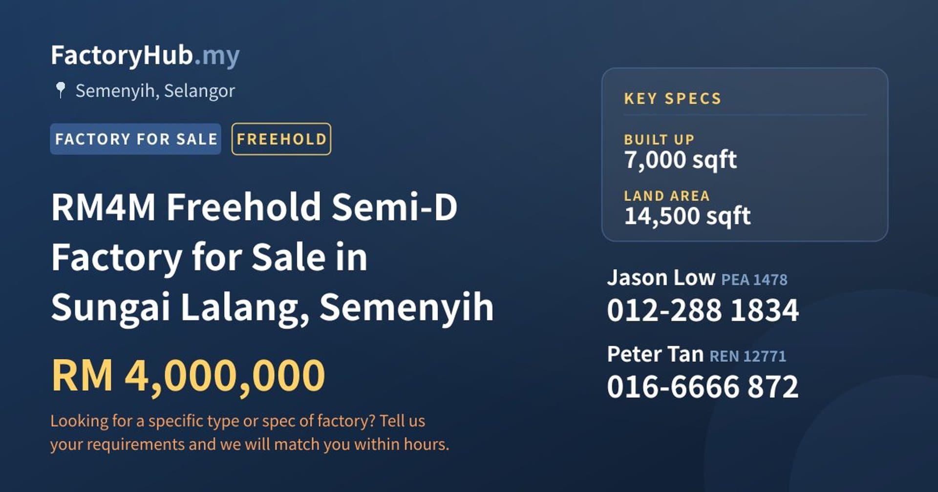 RM4M Freehold Semi-D Factory for Sale in Sungai Lalang, Semenyih - Property image 1 of 7
