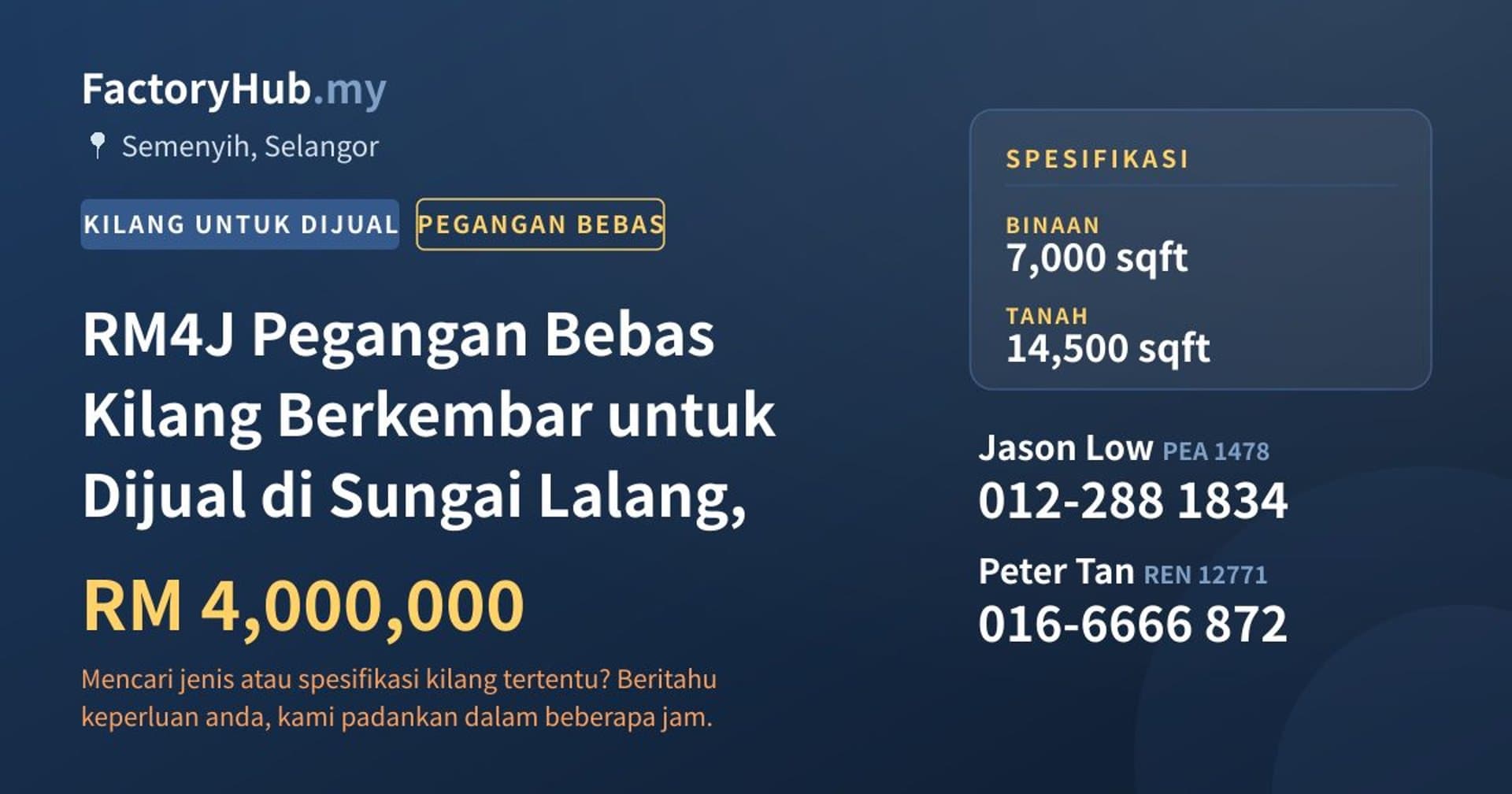 RM4J Pegangan Bebas Kilang Berkembar untuk Dijual di Sungai Lalang, · Imej hartanah 1/7