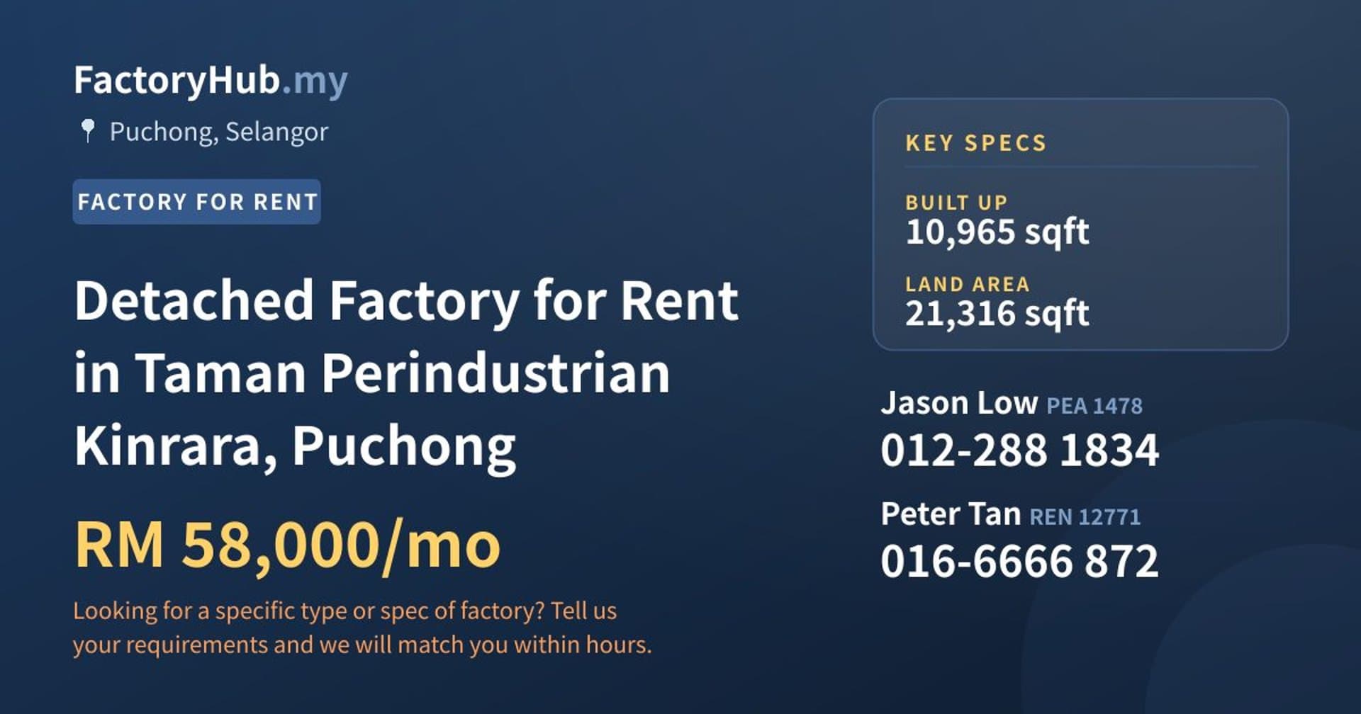 Detached Factory for Rent in Taman Perindustrian Kinrara, Puchong - Property image 1 of 2