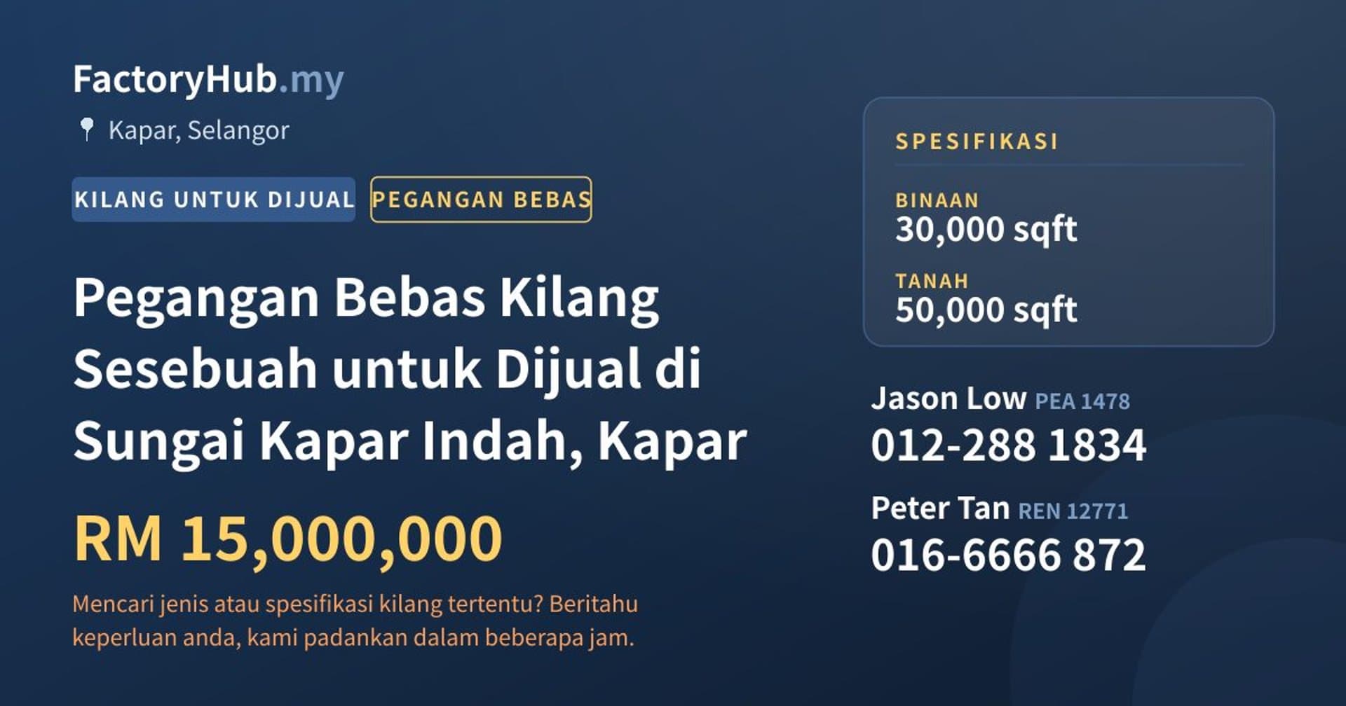 Pegangan Bebas Kilang Sesebuah untuk Dijual di Sungai Kapar Indah, Kapar · Imej hartanah 1/2