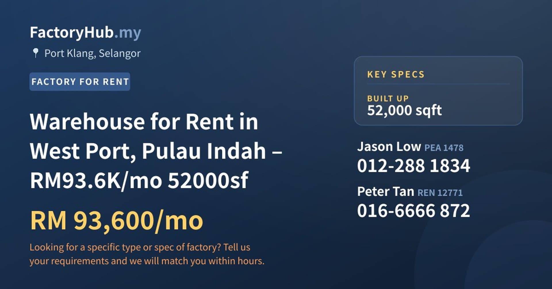 Warehouse for Rent in West Port, Pulau Indah – RM93.6K/mo 52000sf - Property image 1 of 6