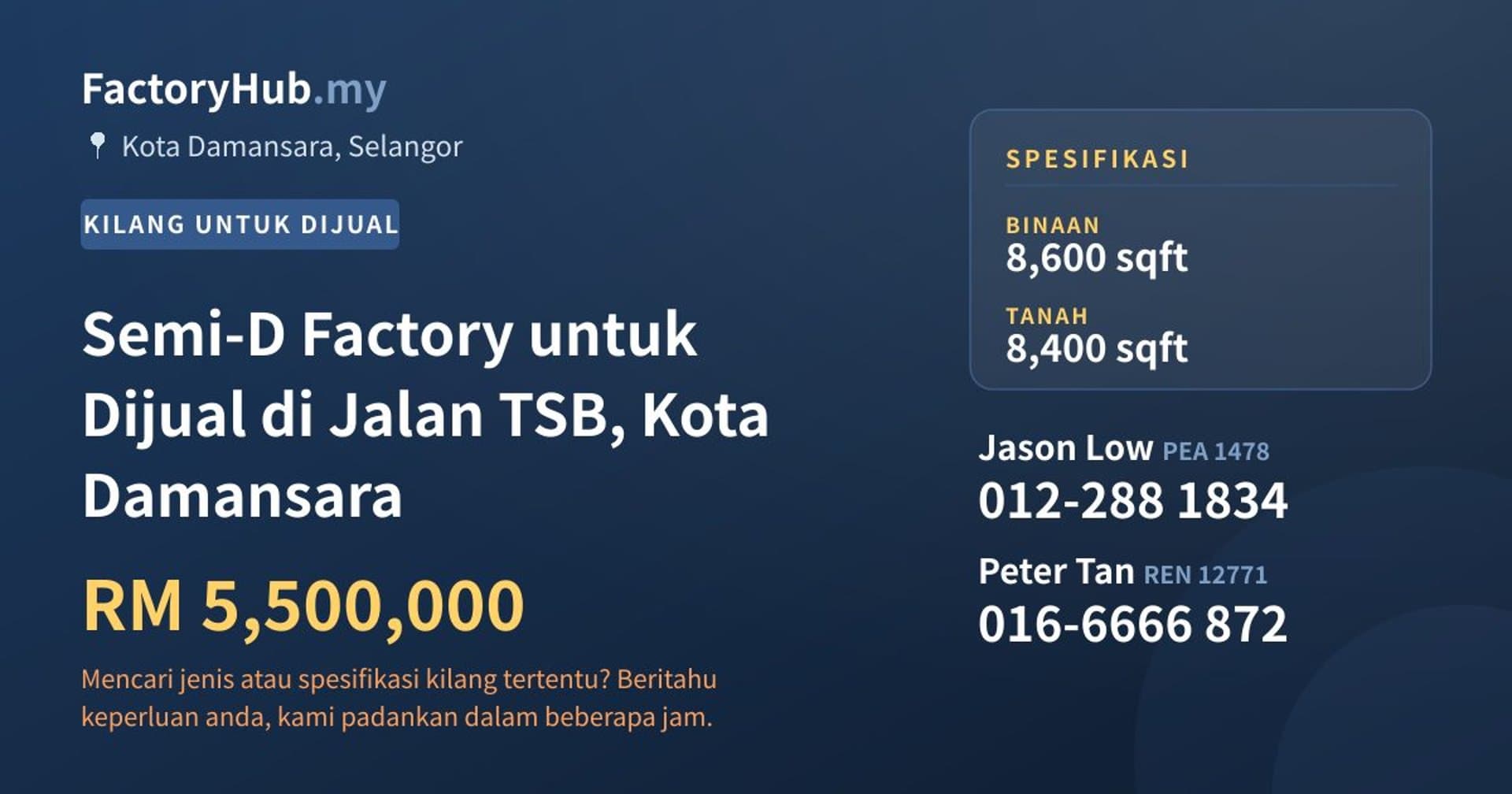 Semi-D Factory untuk Dijual di Jalan TSB, Kota Damansara · Imej hartanah 1/2
