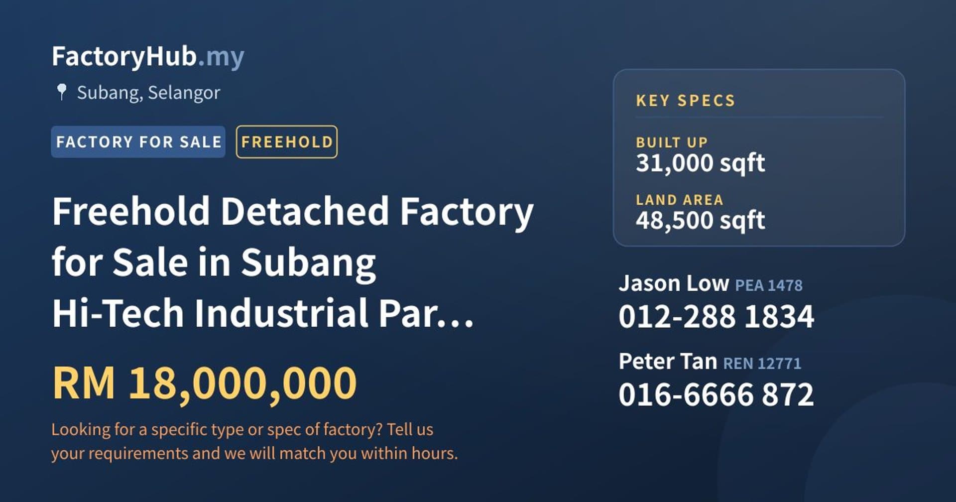 Freehold Detached Factory for Sale in Subang Hi-Tech Industrial Park, Subang Jaya - Property image 1 of 2