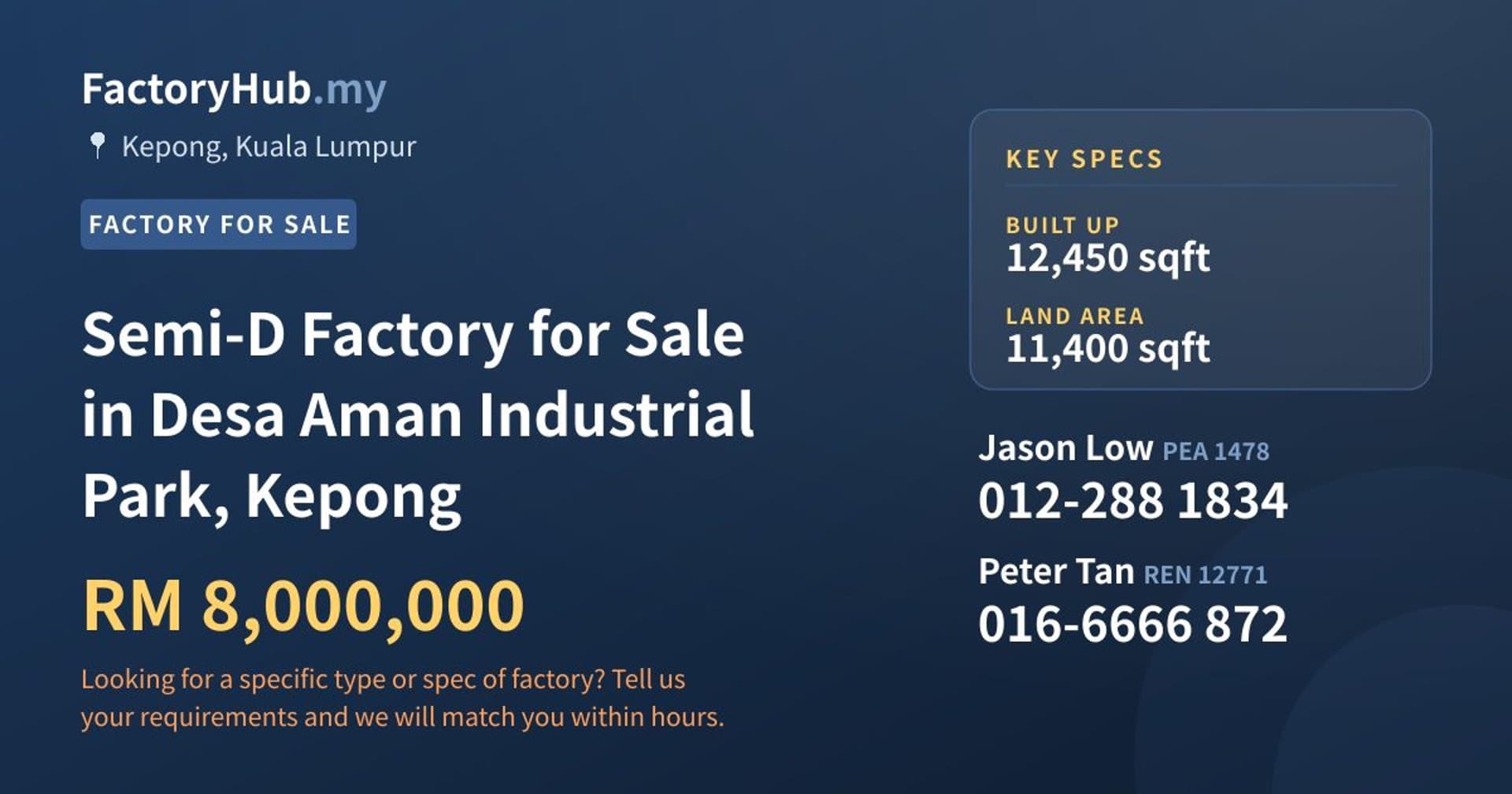 Semi-D Factory for Sale in Desa Aman Industrial Park, Kepong - Property image 1 of 2