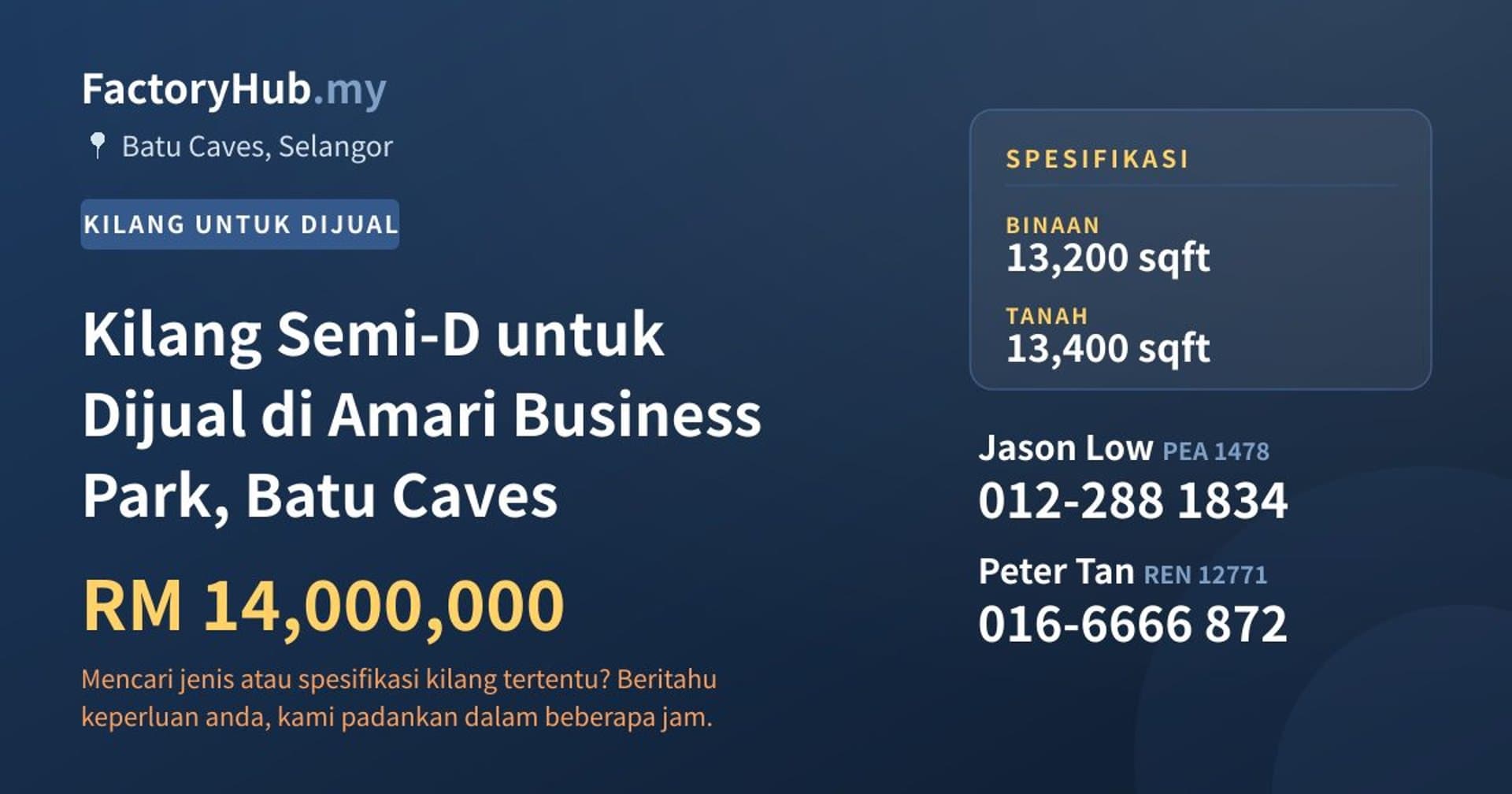 Kilang Semi-D untuk Dijual di Amari Business Park, Batu Caves · Imej hartanah 1/2
