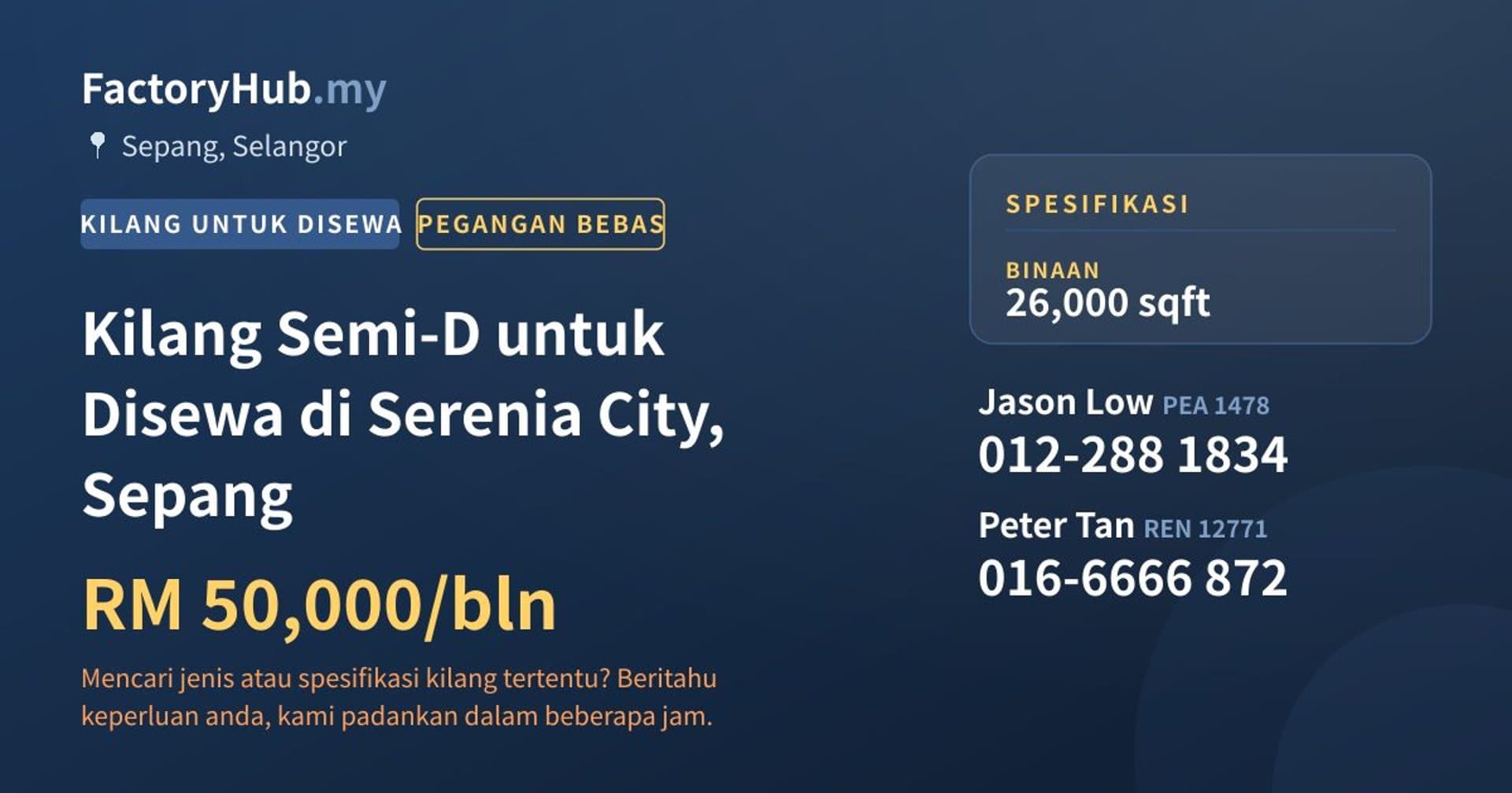 Kilang Semi-D untuk Disewa di Serenia City, Sepang · Imej hartanah 1/2