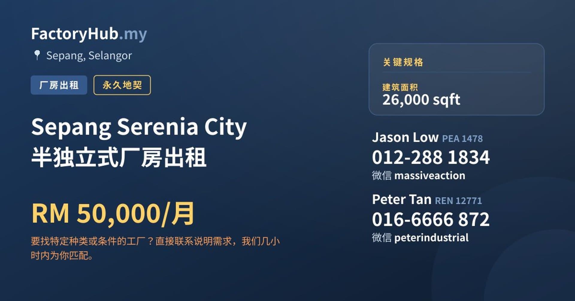 Sepang Serenia City 半独立式厂房出租 · 房源图片 1/2