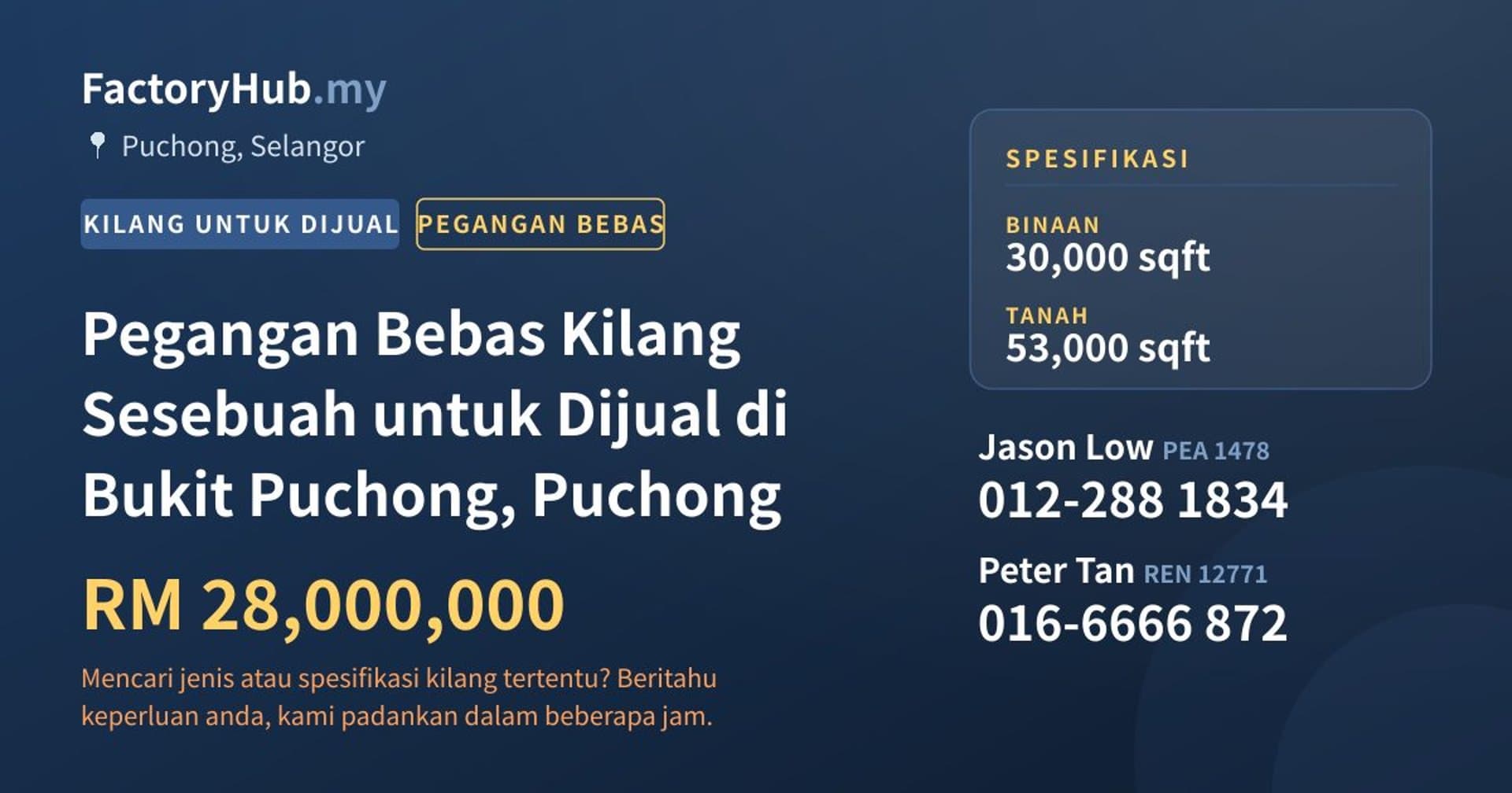 Pegangan Bebas Kilang Sesebuah untuk Dijual di Bukit Puchong, Puchong · Imej hartanah 1/2