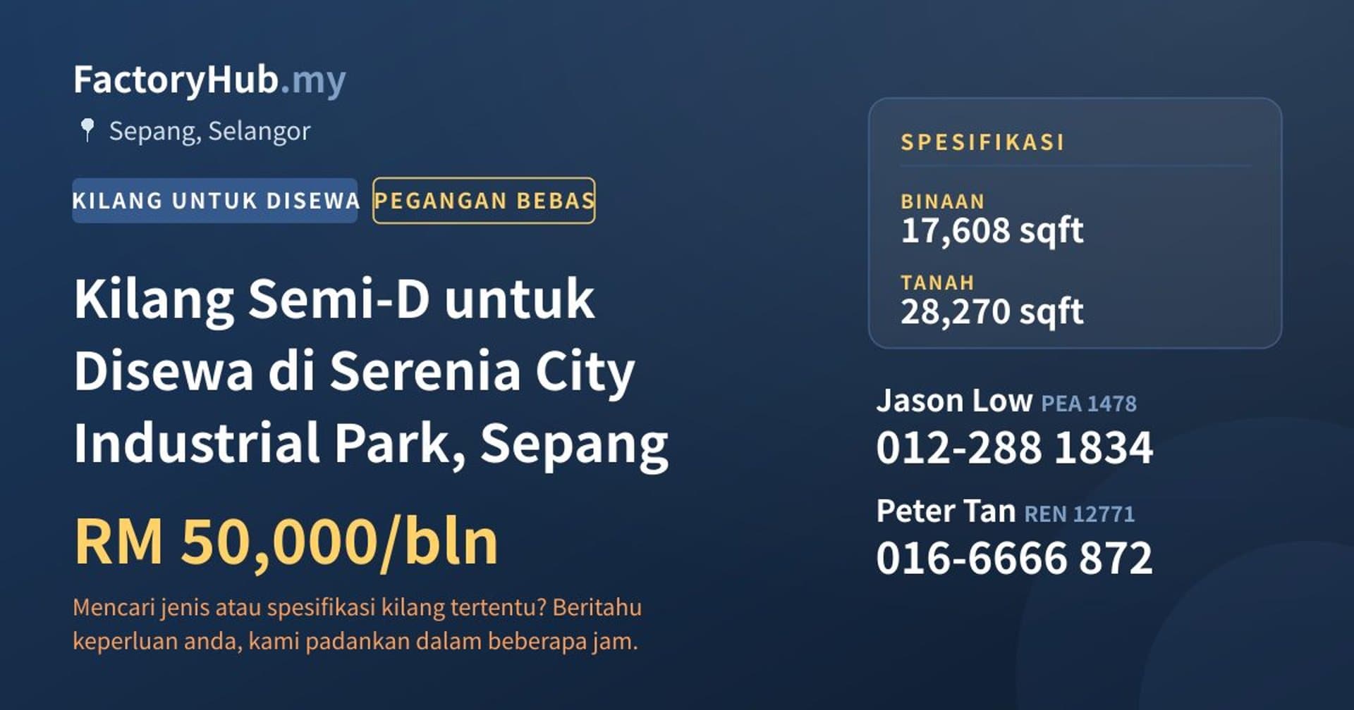 Kilang Semi-D untuk Disewa di Serenia City Industrial Park, Sepang · Imej hartanah 1/2