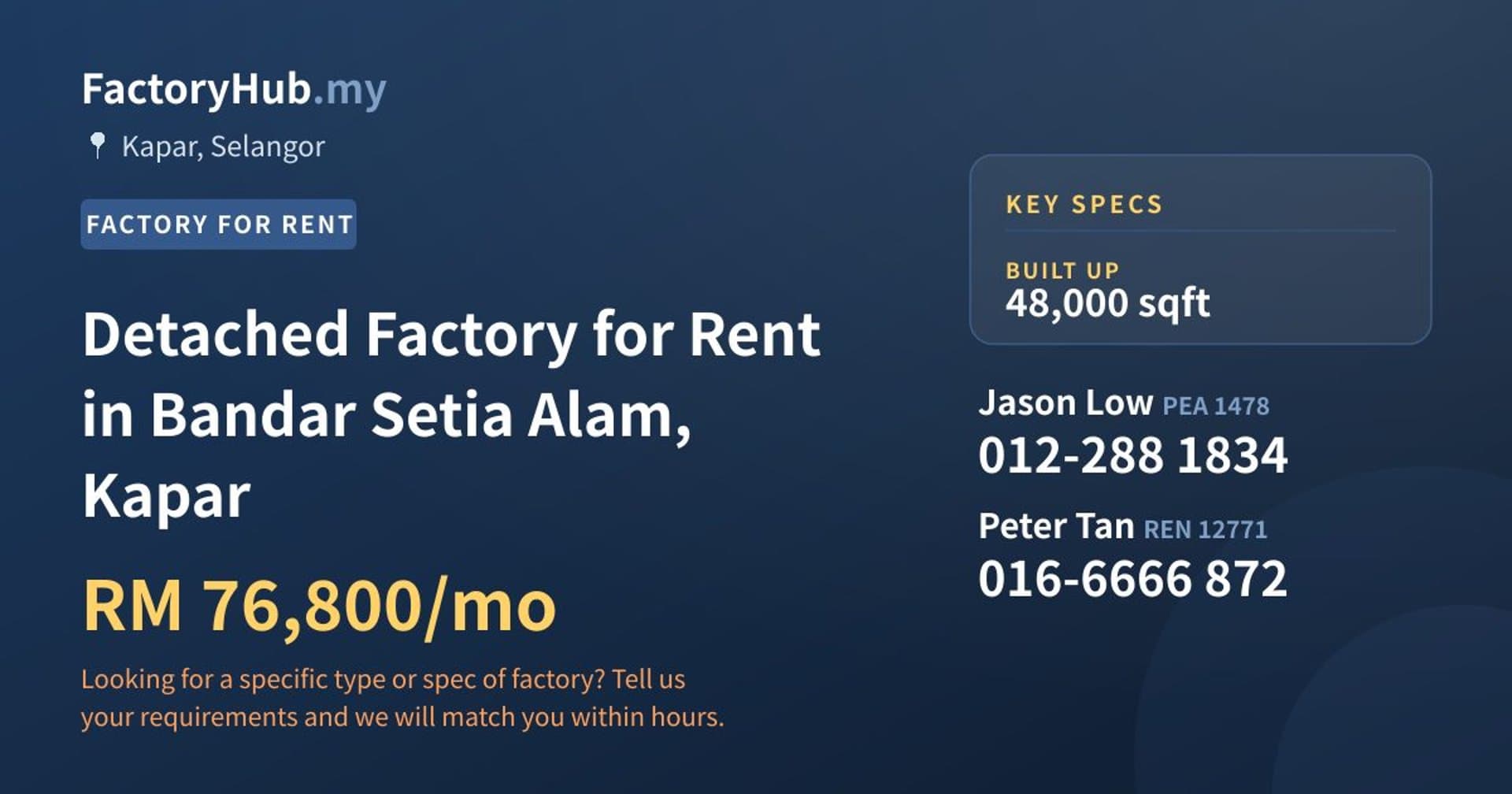 Detached Factory for Rent in Bandar Setia Alam, Kapar - Property image 1 of 2