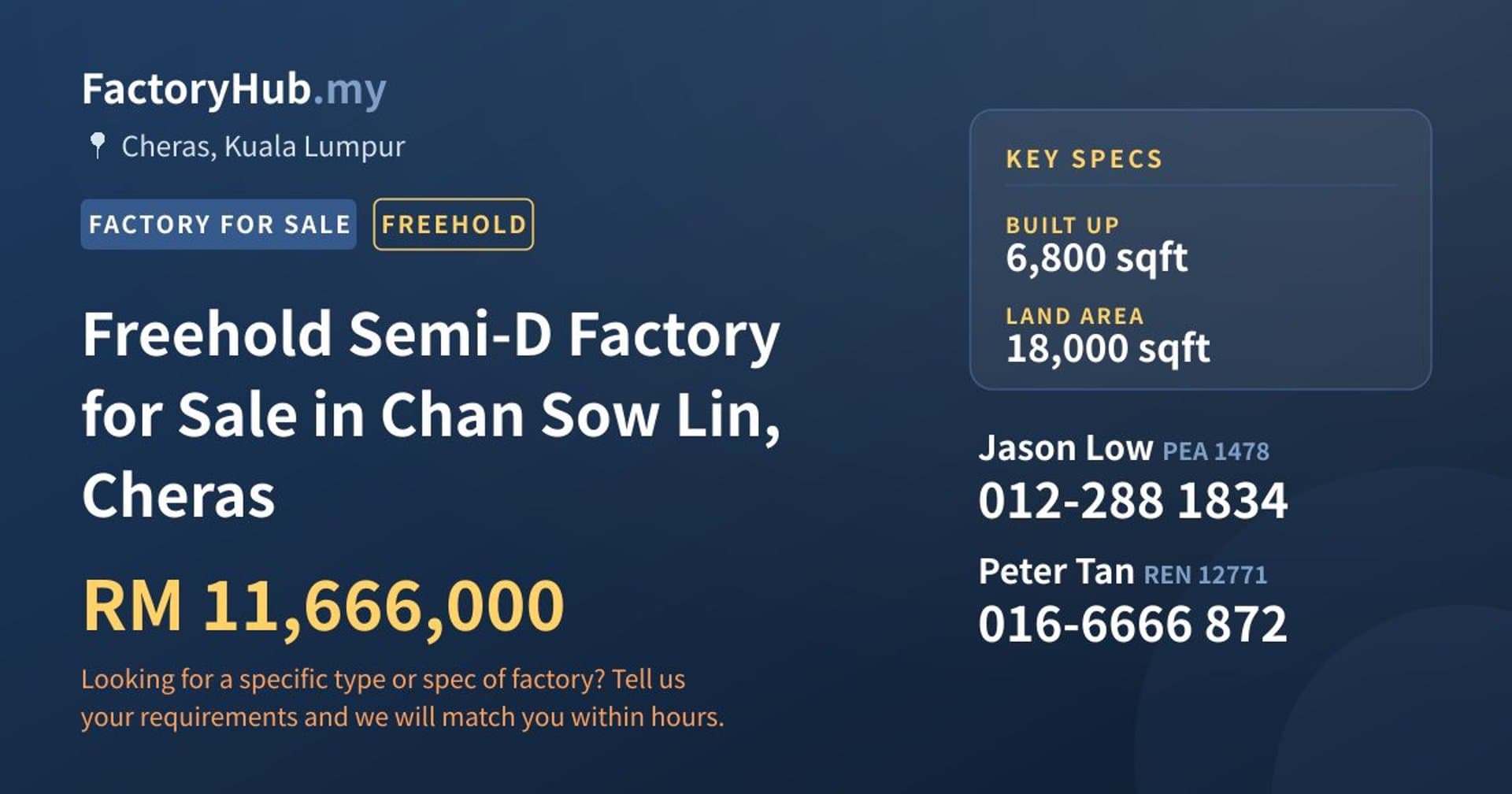 Freehold Semi-D Factory for Sale in Chan Sow Lin, Cheras - Property image 1 of 2