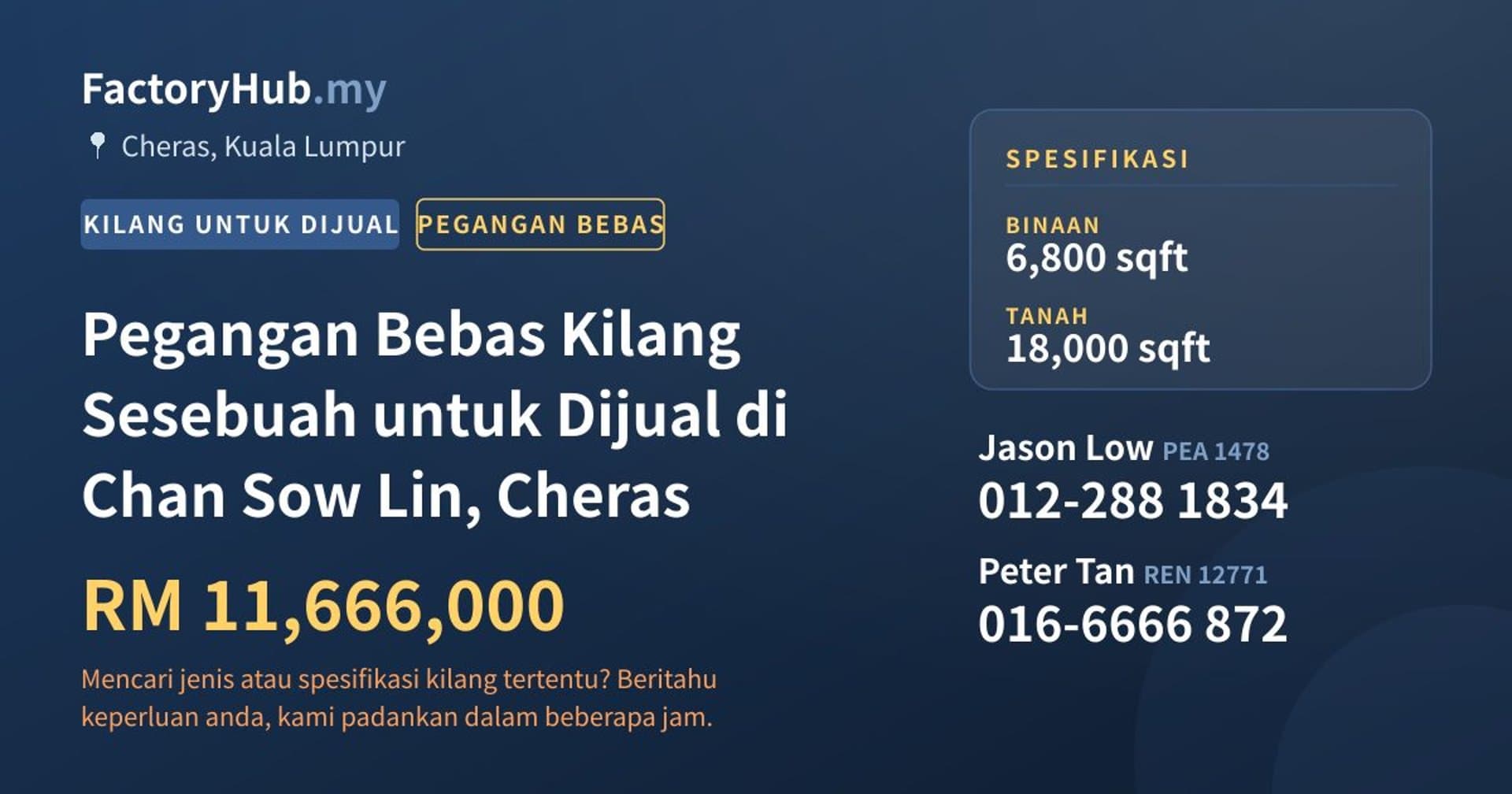Pegangan Bebas Kilang Sesebuah untuk Dijual di Chan Sow Lin, Cheras · Imej hartanah 1/2