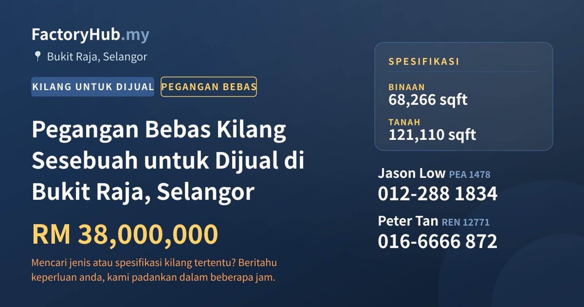 Pegangan Bebas Kilang Sesebuah untuk Dijual di Bukit Raja, Selangor · Imej hartanah 1/2