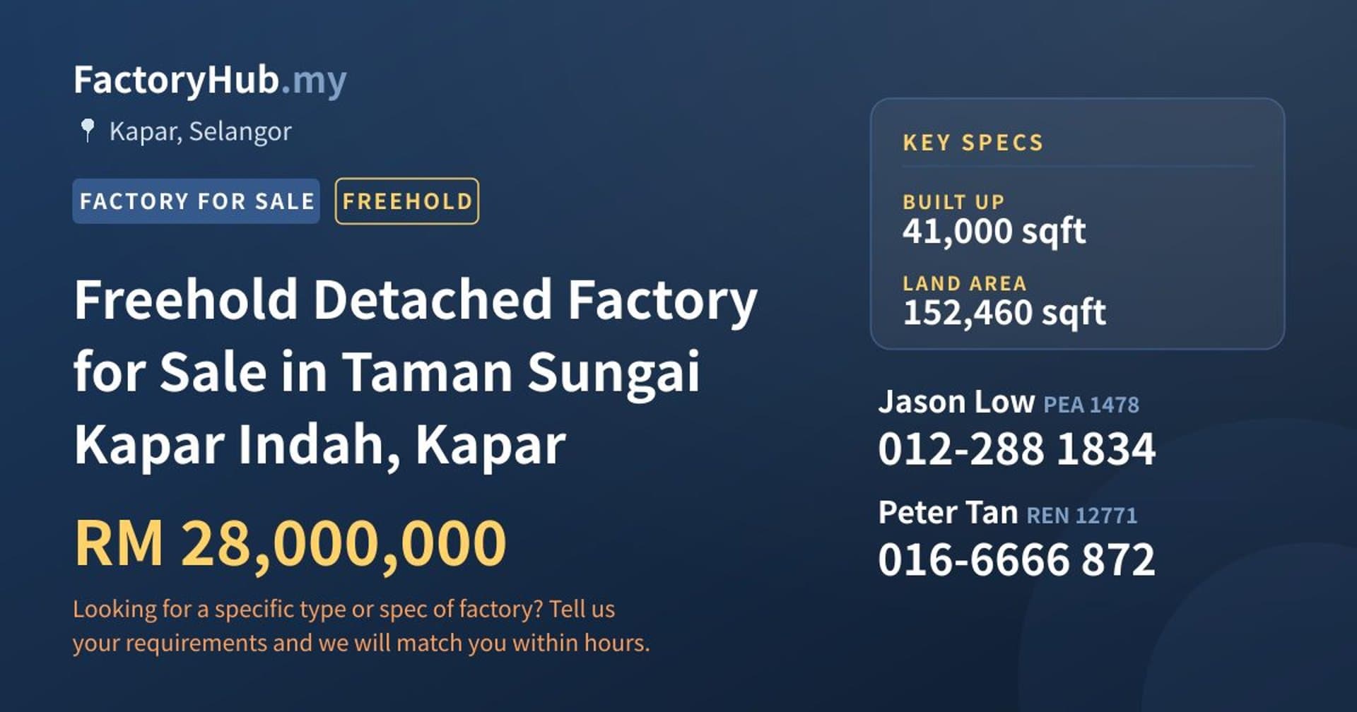 Freehold Detached Factory for Sale in Taman Sungai Kapar Indah, Kapar - Property image 1 of 2