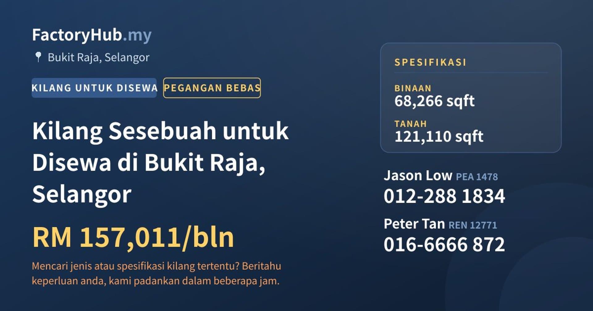 Kilang Sesebuah untuk Disewa di Bukit Raja, Selangor · Imej hartanah 1/2