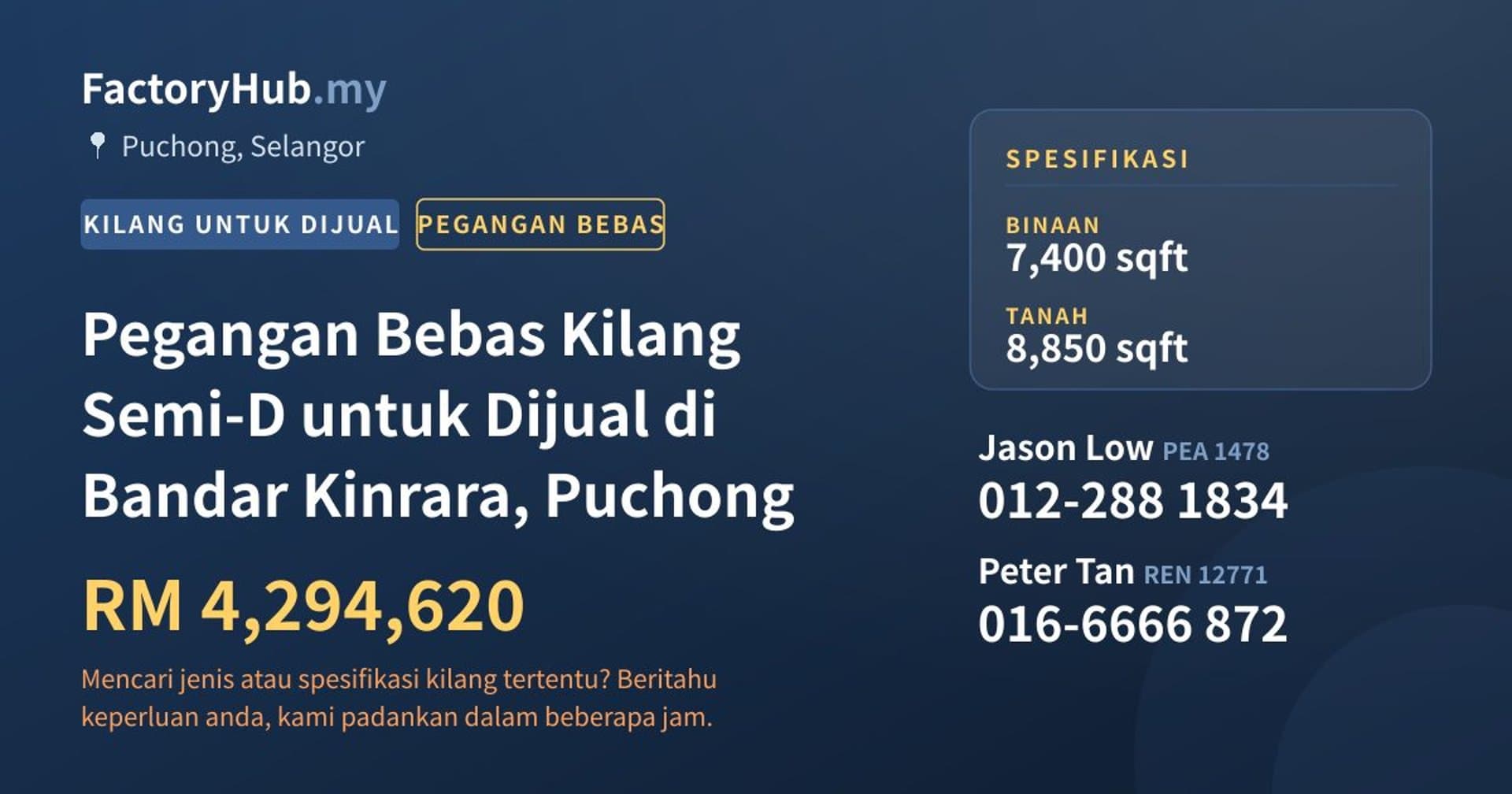 Pegangan Bebas Kilang Semi-D untuk Dijual di Bandar Kinrara, Puchong · Imej hartanah 1/2