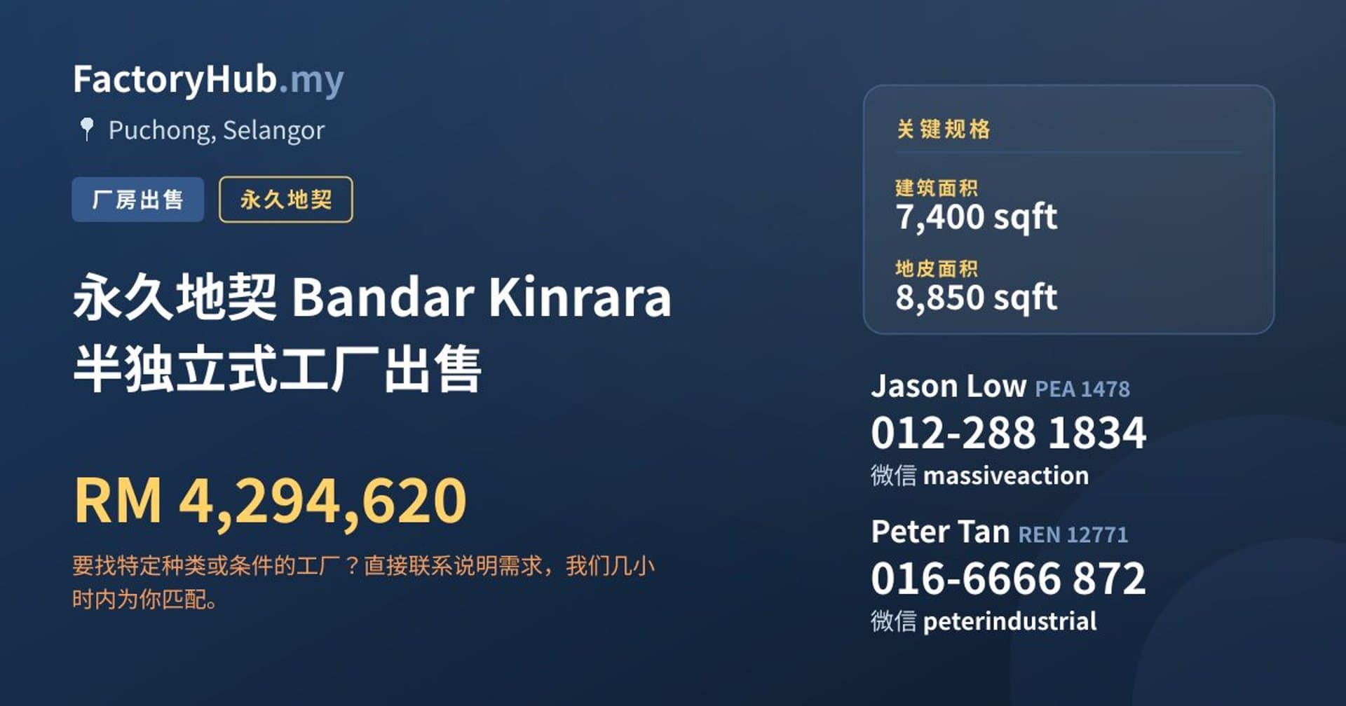 永久地契 Bandar Kinrara 半独立式工厂出售 · 房源图片 1/2