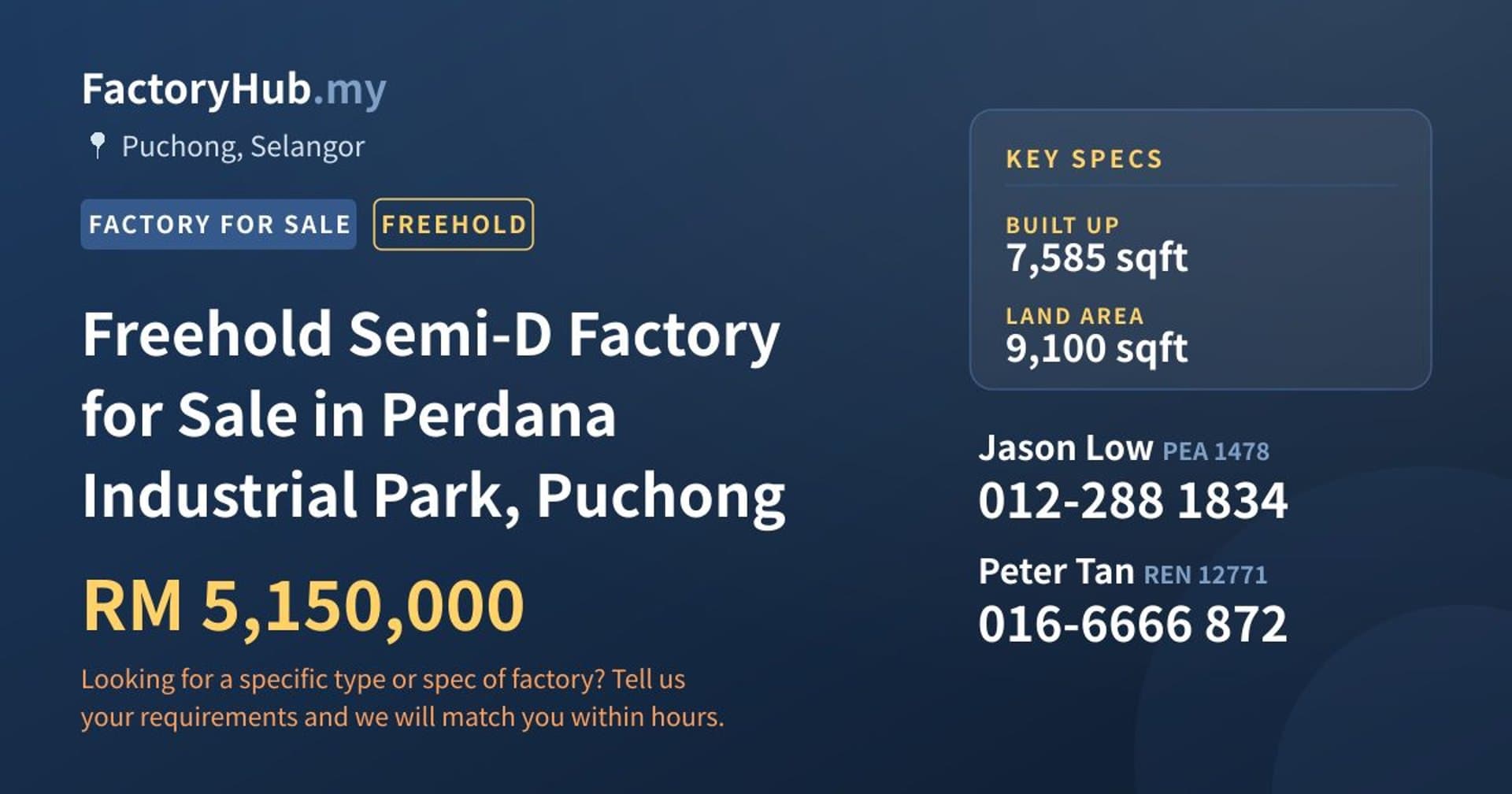 Freehold Semi-D Factory for Sale in Perdana Industrial Park, Puchong - Property image 1 of 2