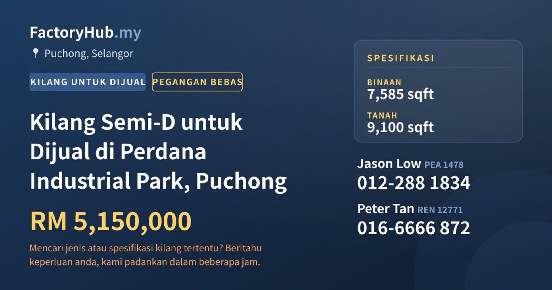 Kilang Semi-D untuk Dijual di Perdana Industrial Park, Puchong · Imej hartanah 1/2