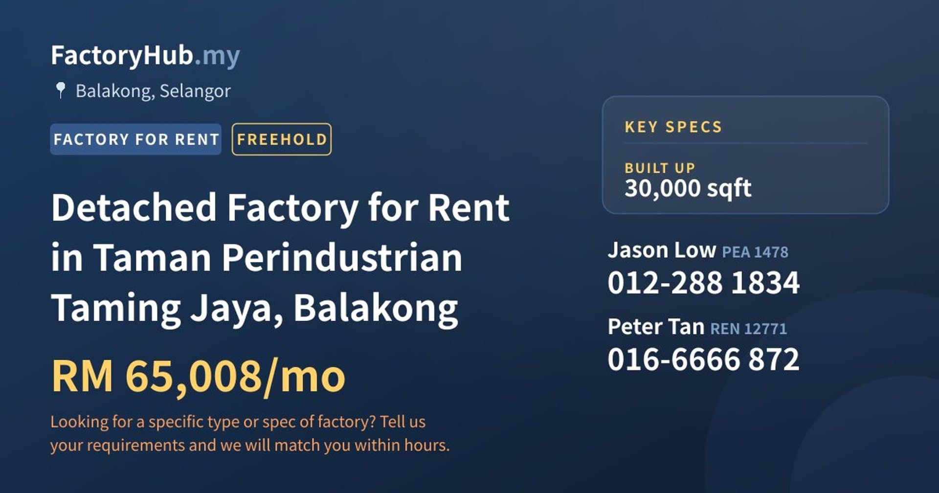 Detached Factory for Rent in Taman Perindustrian Taming Jaya, Balakong - Property image 1 of 2