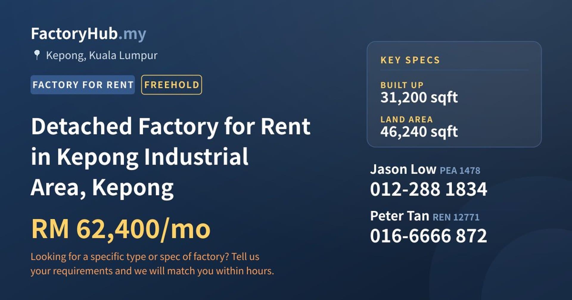 Detached Factory for Rent in Kepong Industrial Area, Kepong - Property image 1 of 2