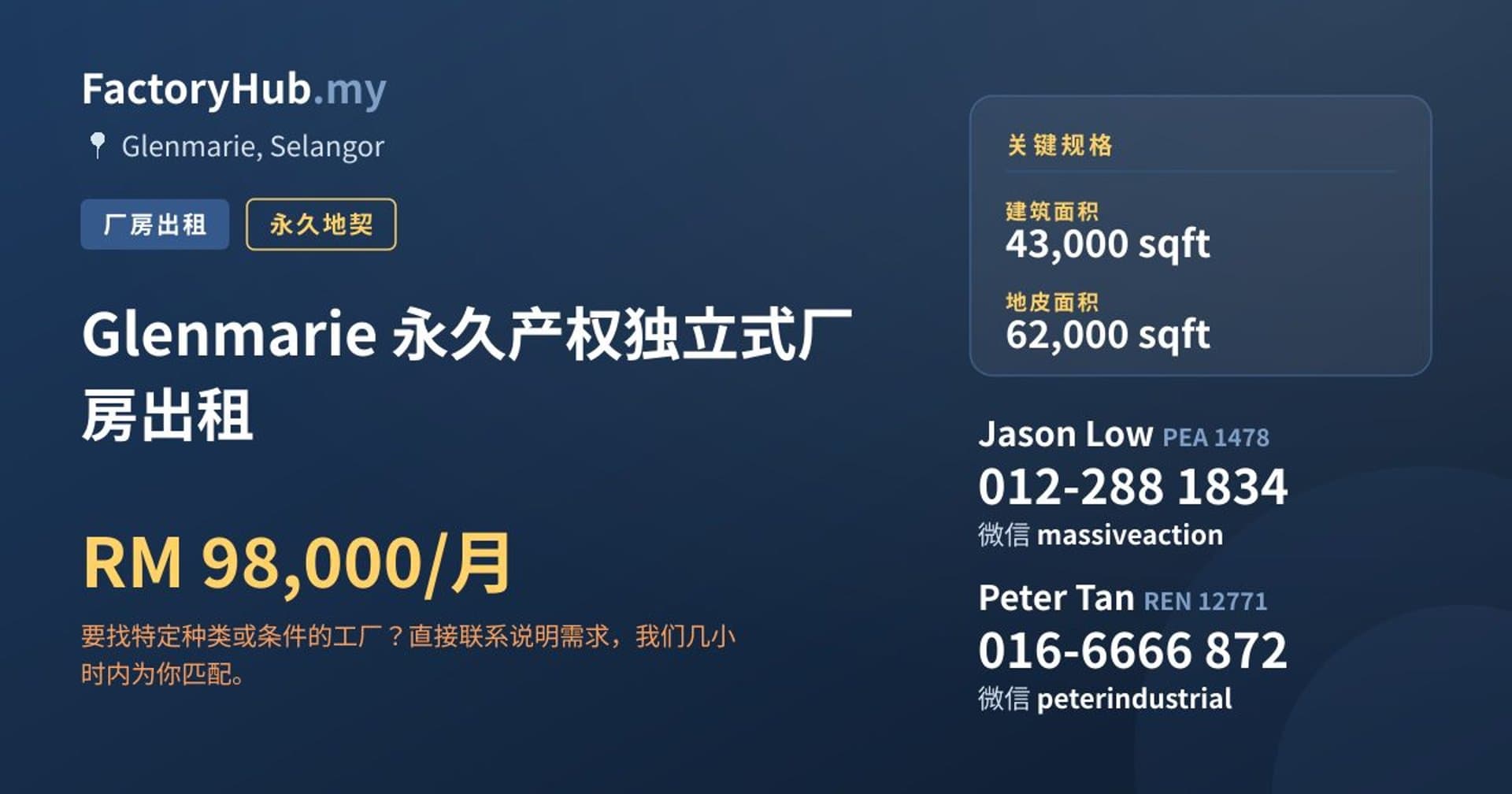 Glenmarie 永久产权独立式厂房出租 · 房源图片 1/2