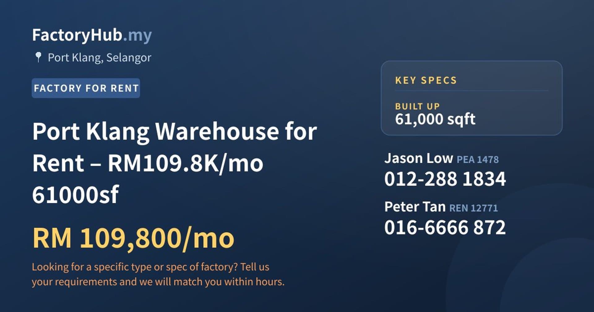 Port Klang Warehouse for Rent – RM109.8K/mo 61000sf - Property image 1 of 4