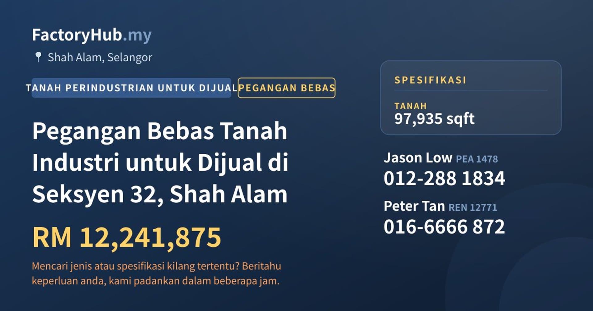 Pegangan Bebas Tanah Industri untuk Dijual di Seksyen 32, Shah Alam · Imej hartanah 1/2