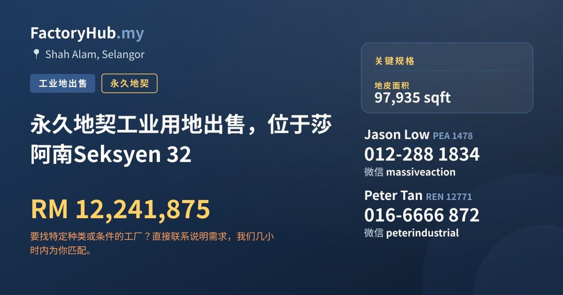 永久地契工业用地出售，位于莎阿南Seksyen 32 · 房源图片 1/2