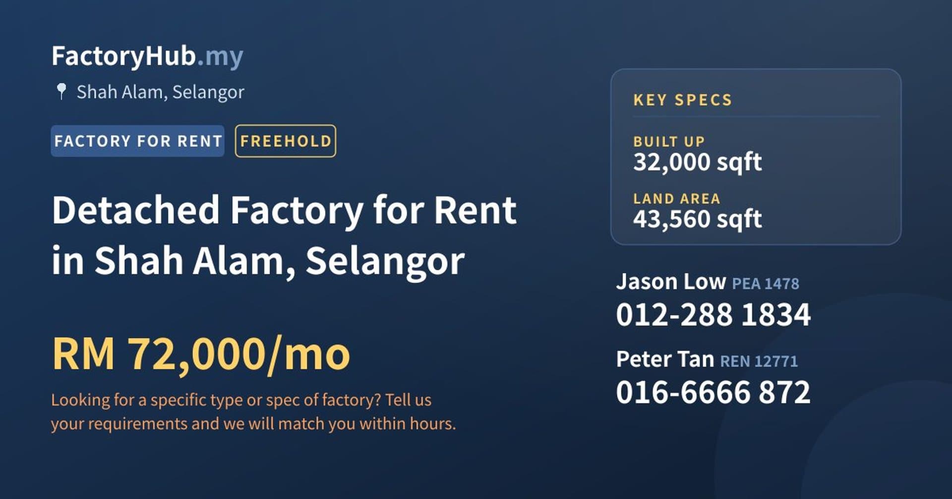Detached Factory for Rent in Shah Alam, Selangor - Property image 1 of 2