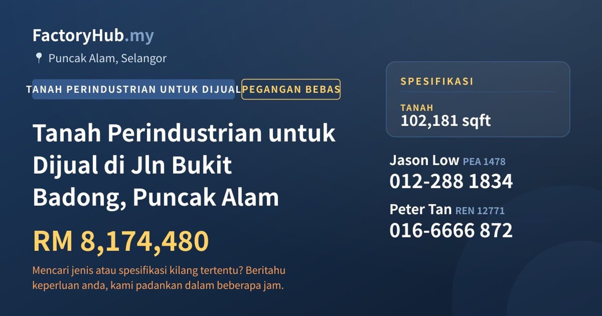 Tanah Perindustrian untuk Dijual di Jln Bukit Badong, Puncak Alam · Imej hartanah 1/2