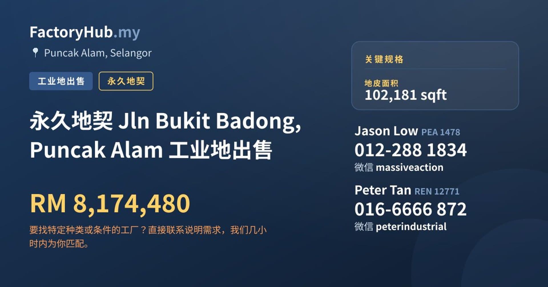 永久地契 Jln Bukit Badong, Puncak Alam 工业地出售 · 房源图片 1/2