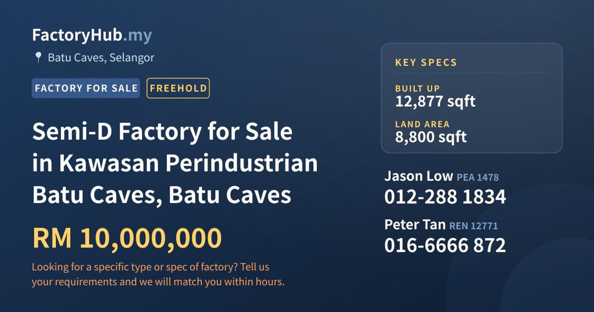 Semi-D Factory for Sale in Kawasan Perindustrian Batu Caves, Batu Caves - Property image 1 of 2