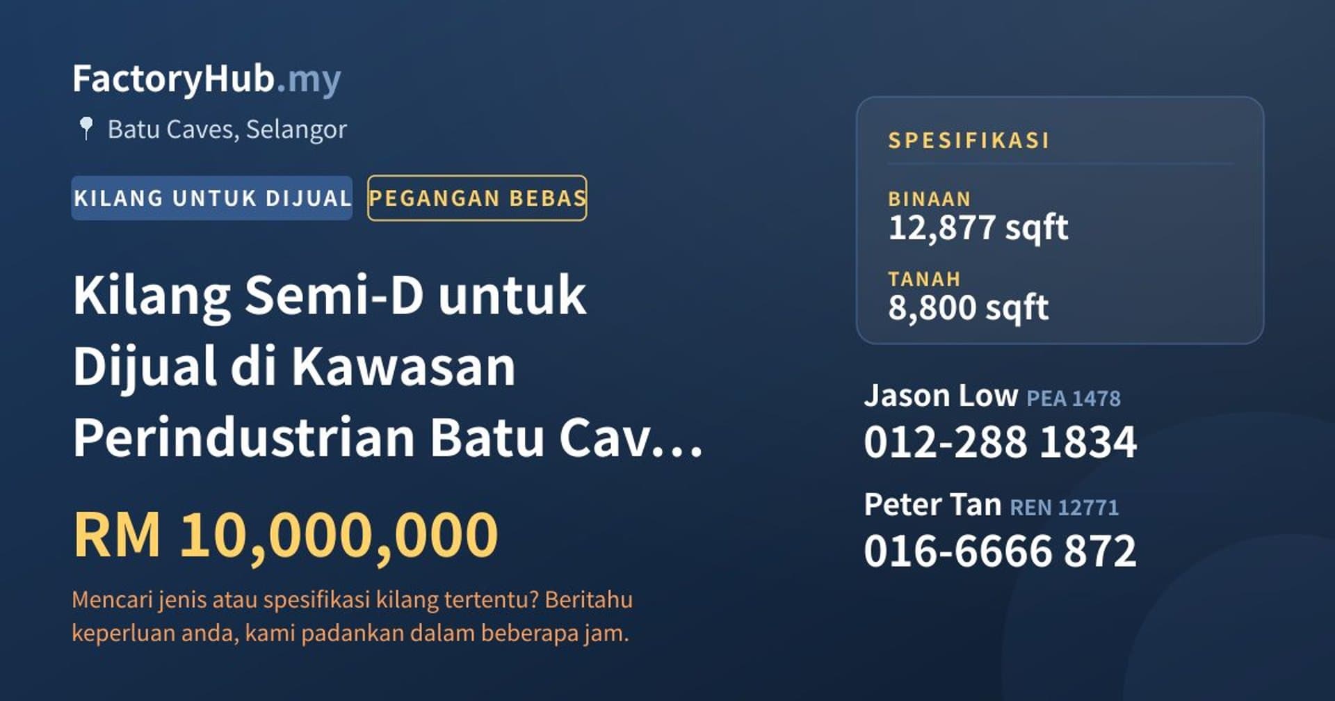 Kilang Semi-D untuk Dijual di Kawasan Perindustrian Batu Caves, Batu Caves · Imej hartanah 1/2
