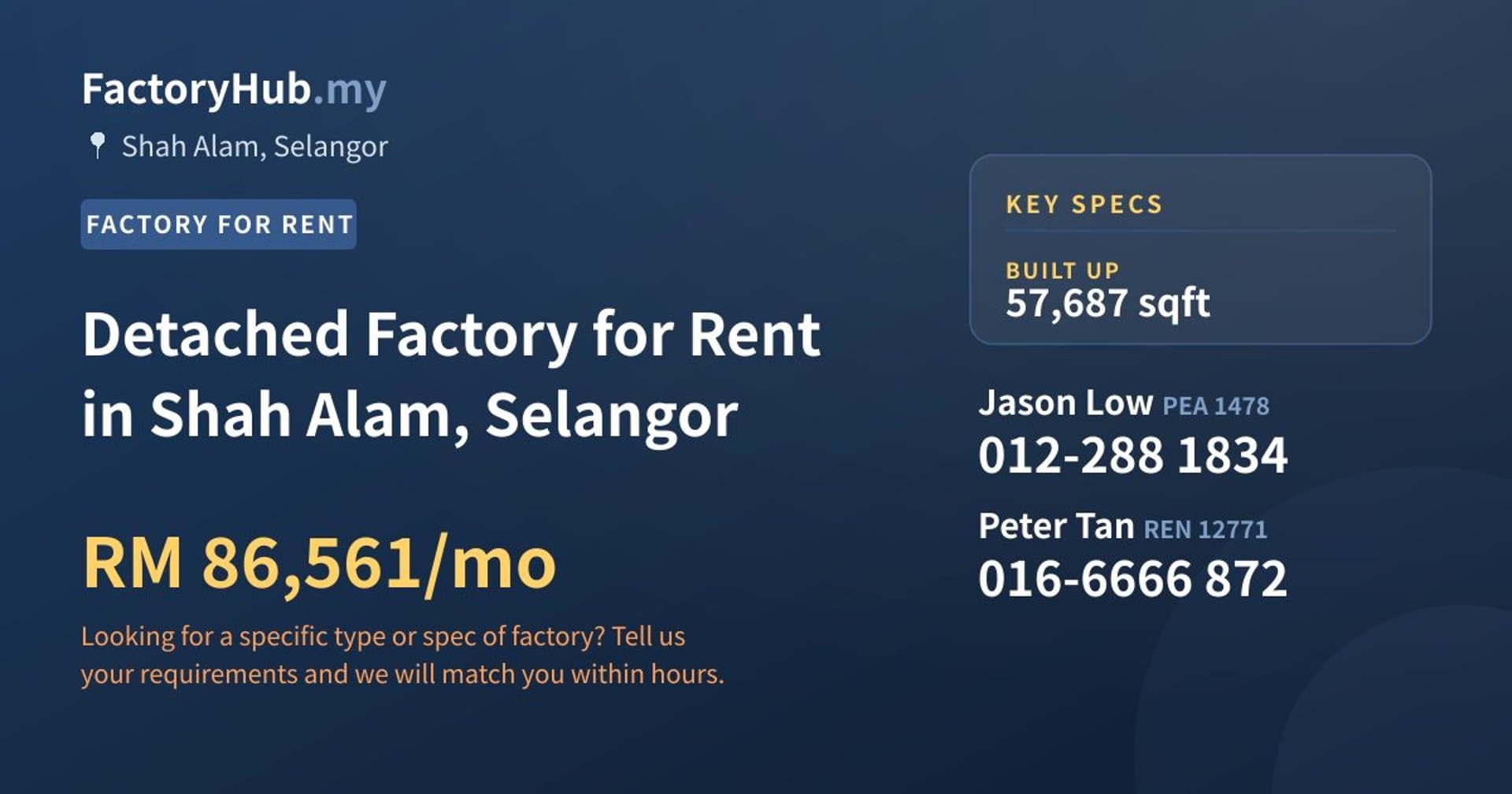 Detached Factory for Rent in Shah Alam, Selangor - Property image 1 of 2