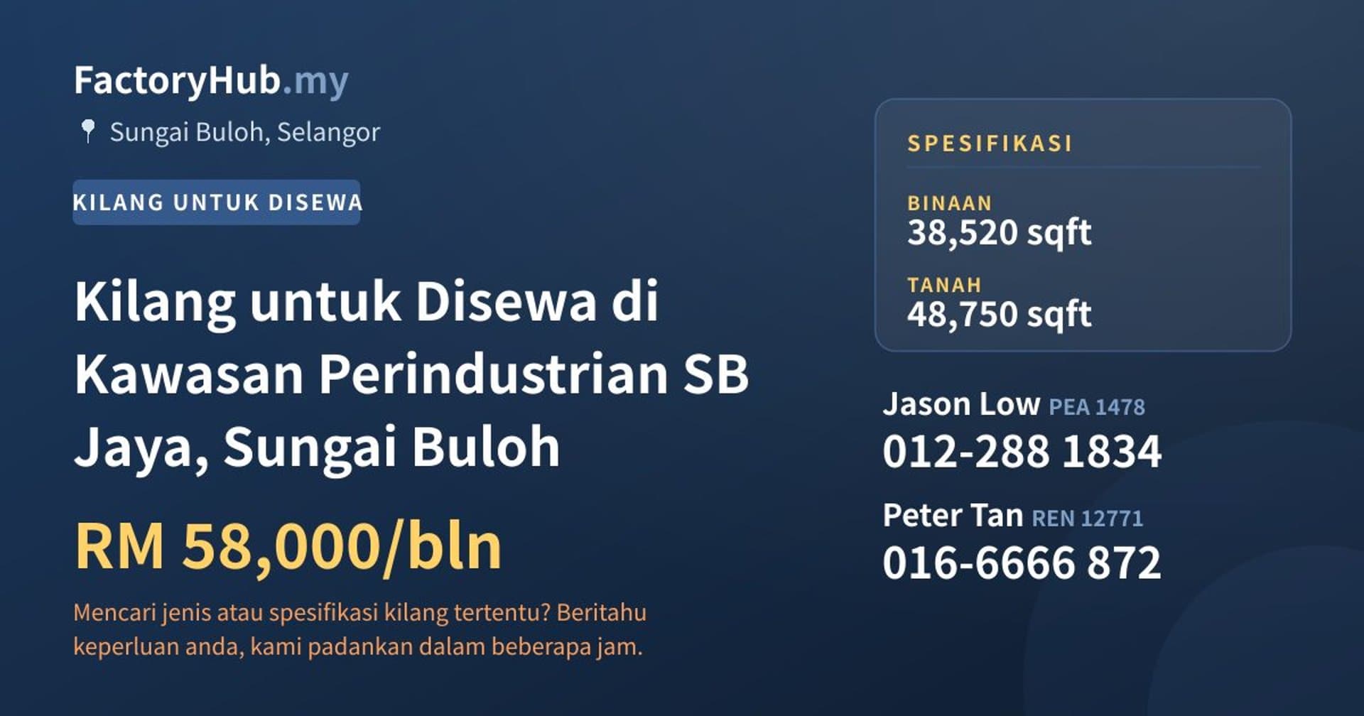 Kilang untuk Disewa di Kawasan Perindustrian SB Jaya, Sungai Buloh · Imej hartanah 1/2