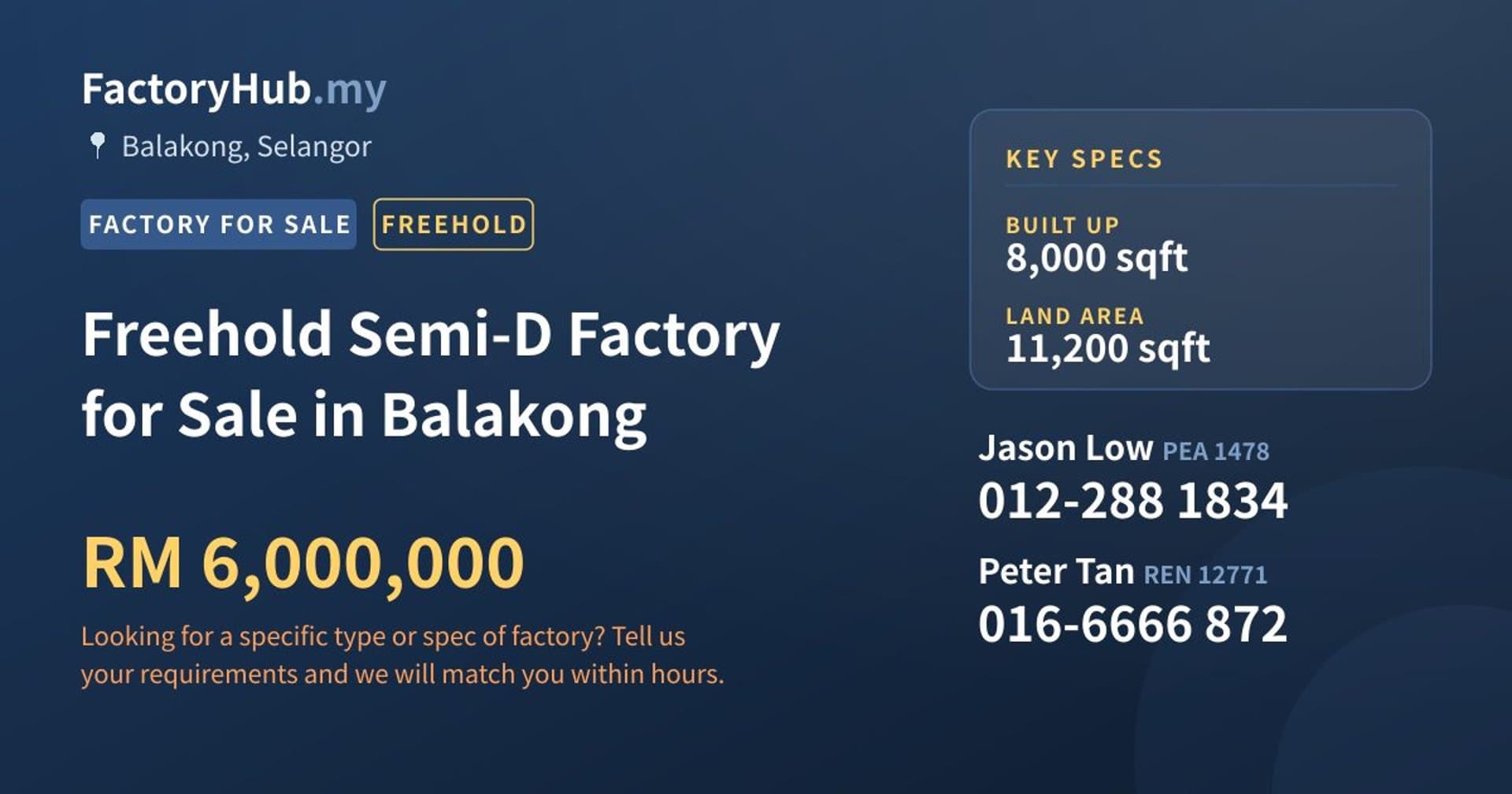 Freehold Semi-D Factory for Sale in Balakong - Property image 1 of 2