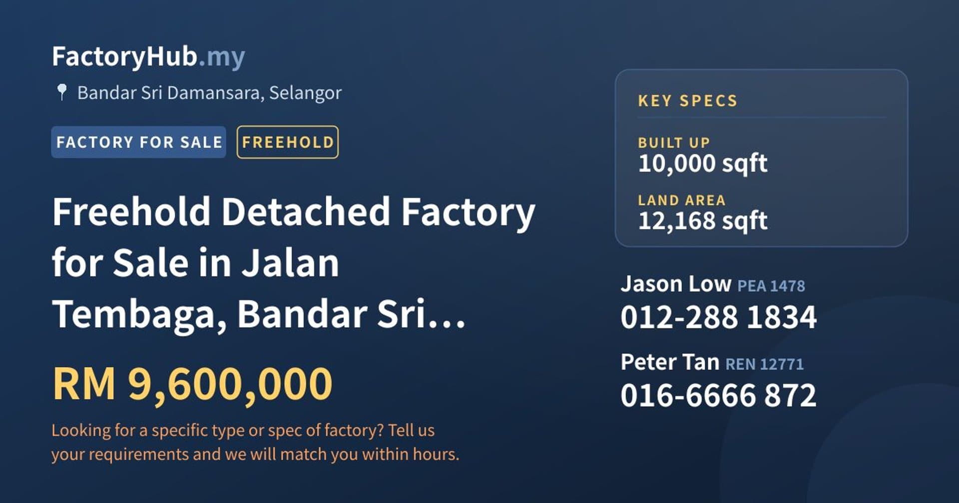 Freehold Detached Factory for Sale in Jalan Tembaga, Bandar Sri Damansara - Property image 1 of 2