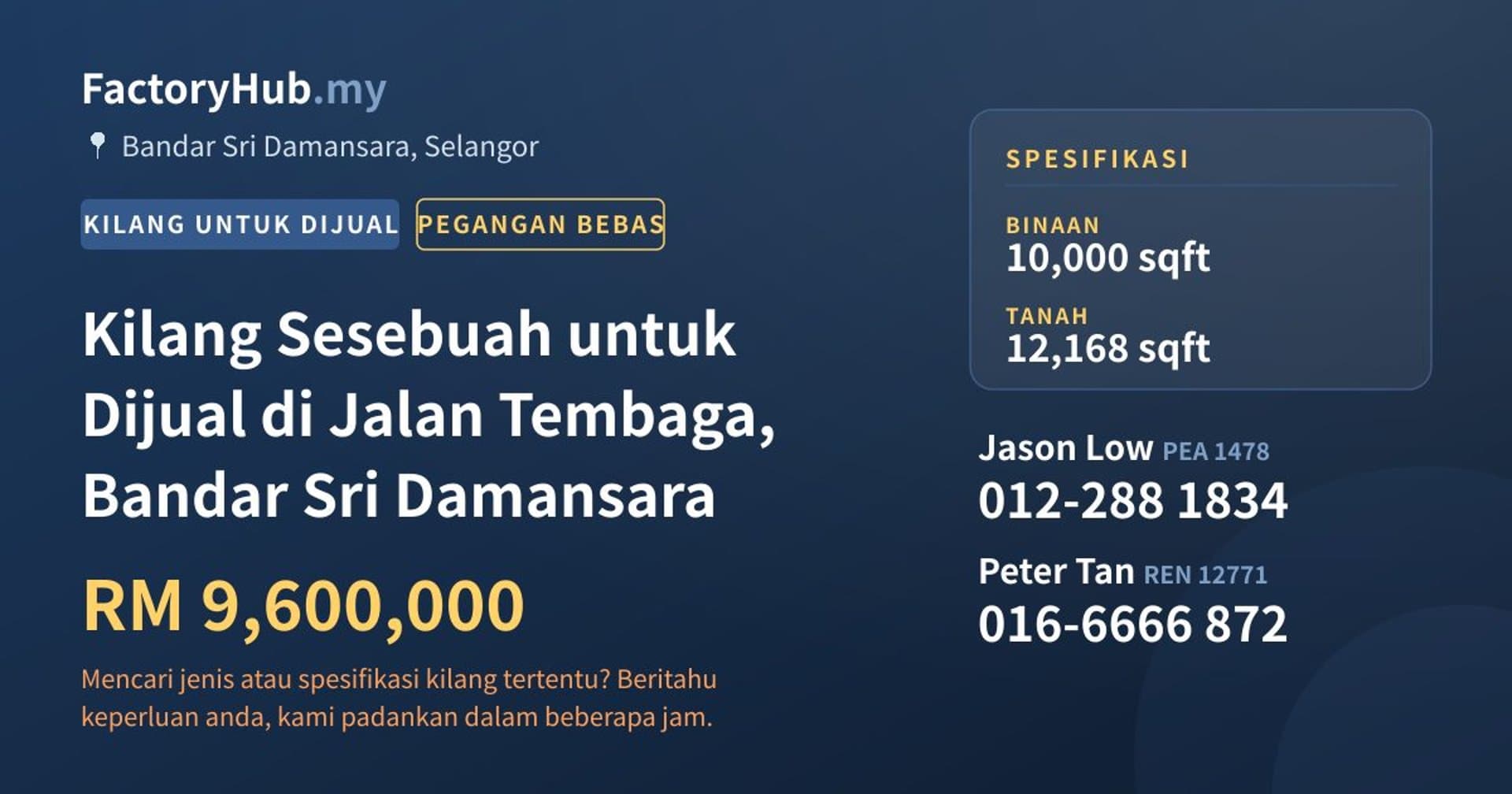 Kilang Sesebuah untuk Dijual di Jalan Tembaga, Bandar Sri Damansara · Imej hartanah 1/2