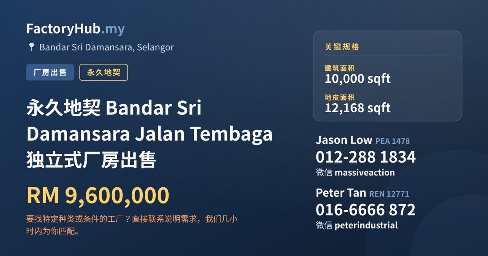 永久地契 Bandar Sri Damansara Jalan Tembaga 独立式厂房出售 · 房源图片 1/2