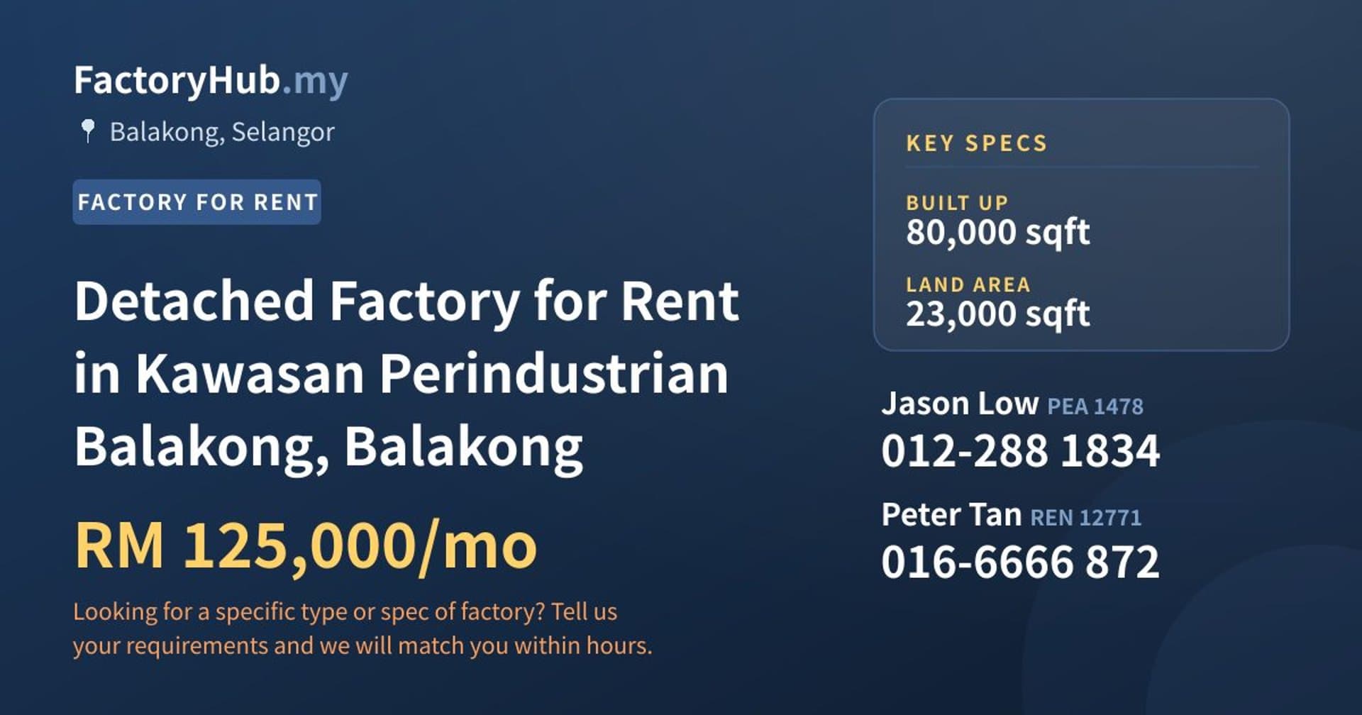 Detached Factory for Rent in Kawasan Perindustrian Balakong, Balakong - Property image 1 of 2