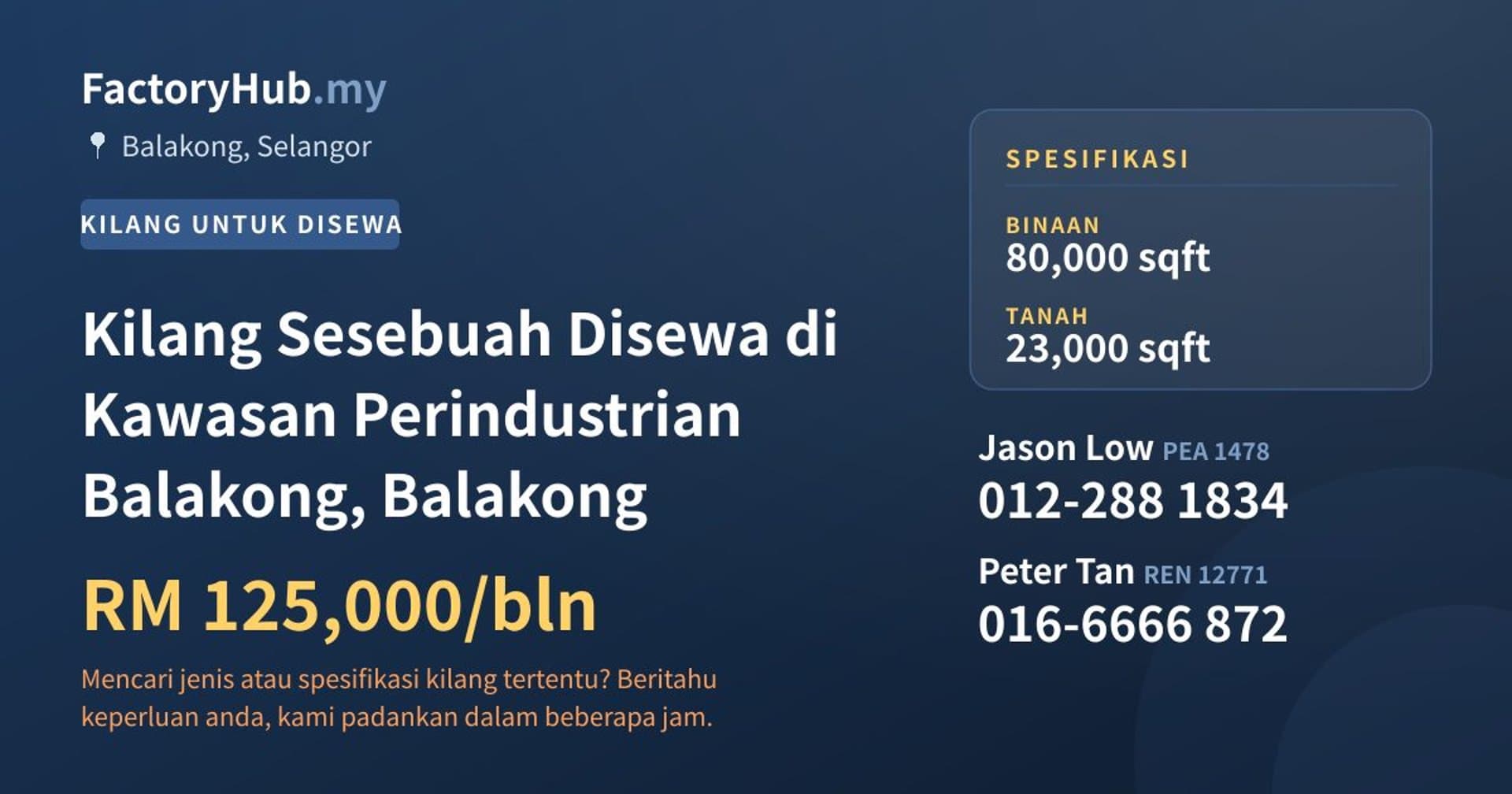 Kilang Sesebuah Disewa di Kawasan Perindustrian Balakong, Balakong · Imej hartanah 1/2