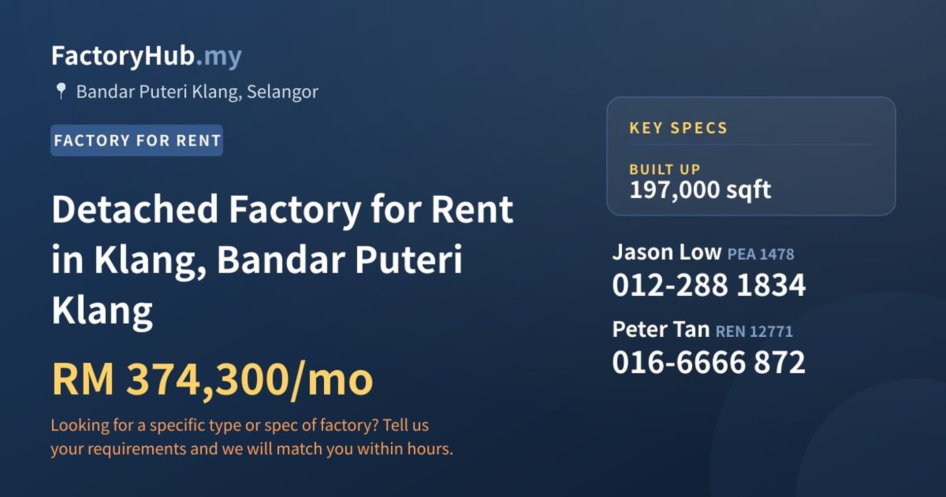 Detached Factory for Rent in Klang, Bandar Puteri Klang - Property image 1 of 2