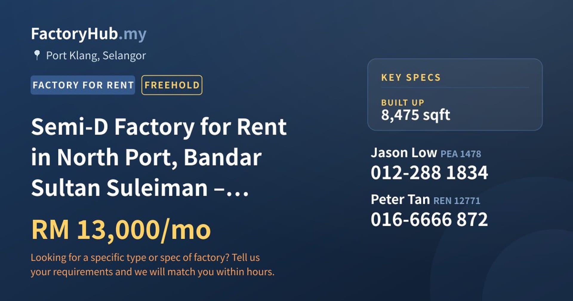 Semi-D Factory for Rent in North Port, Bandar Sultan Suleiman – RM13K/mo 8475sf - Property image 1 of 5